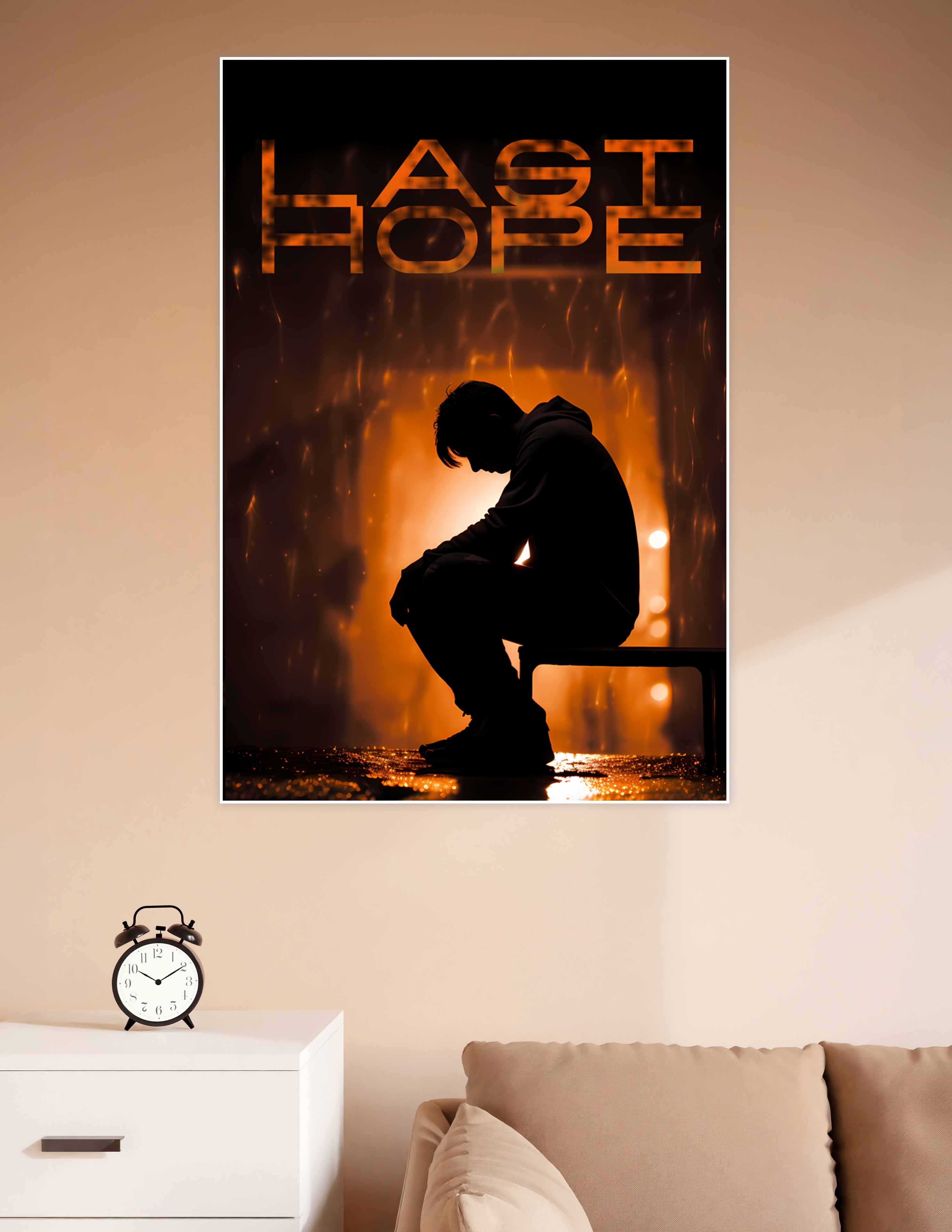 Dark motivational poster titled Last Hope showing a lone silhouette of a person sitting with head bowed against a dramatic fiery orange glowing background