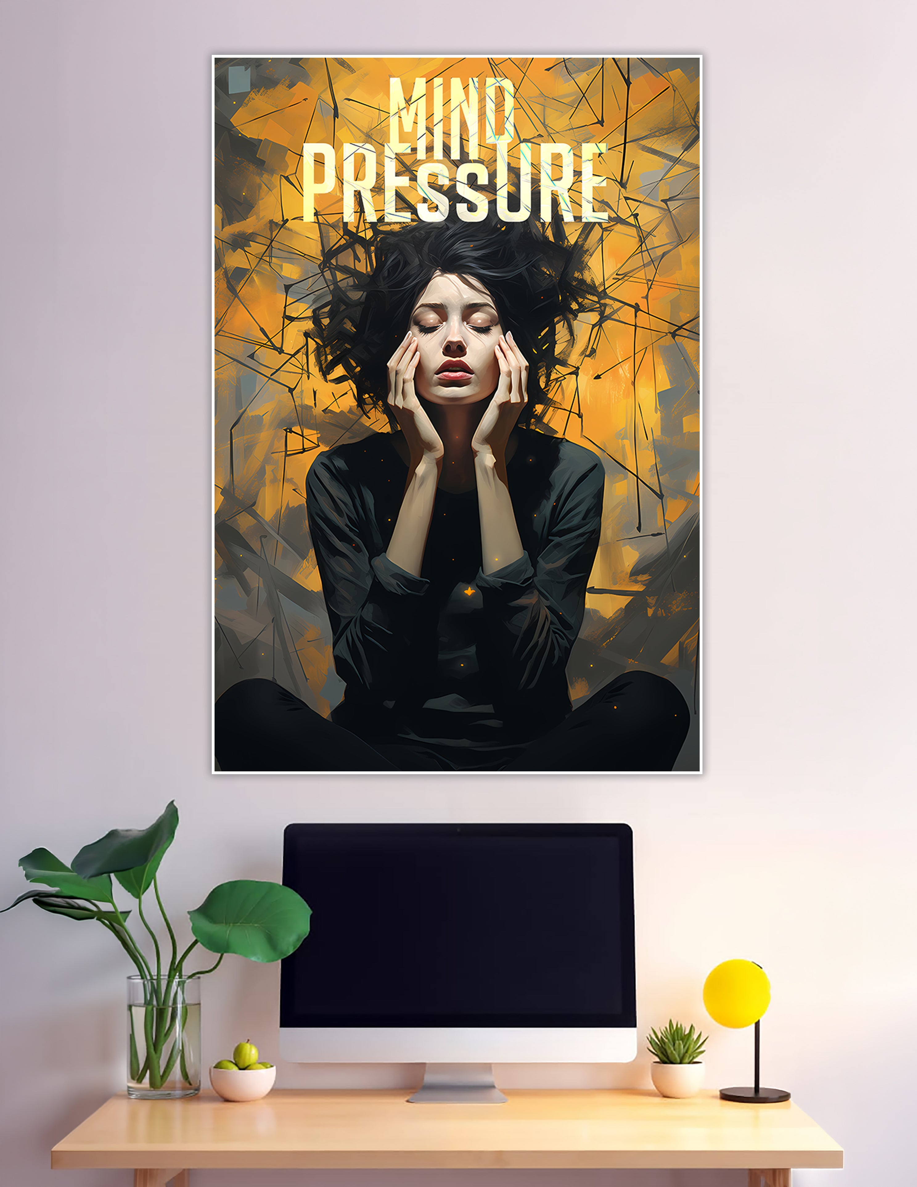 Woman under mental pressure surrounded by golden abstract chaos