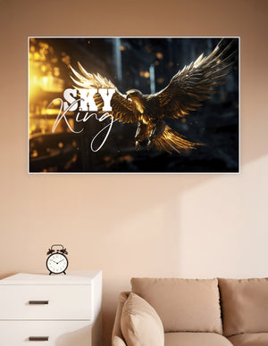 Sky King poster featuring a golden armored eagle in mid-flight against a dark dramatic background with warm bokeh lighting