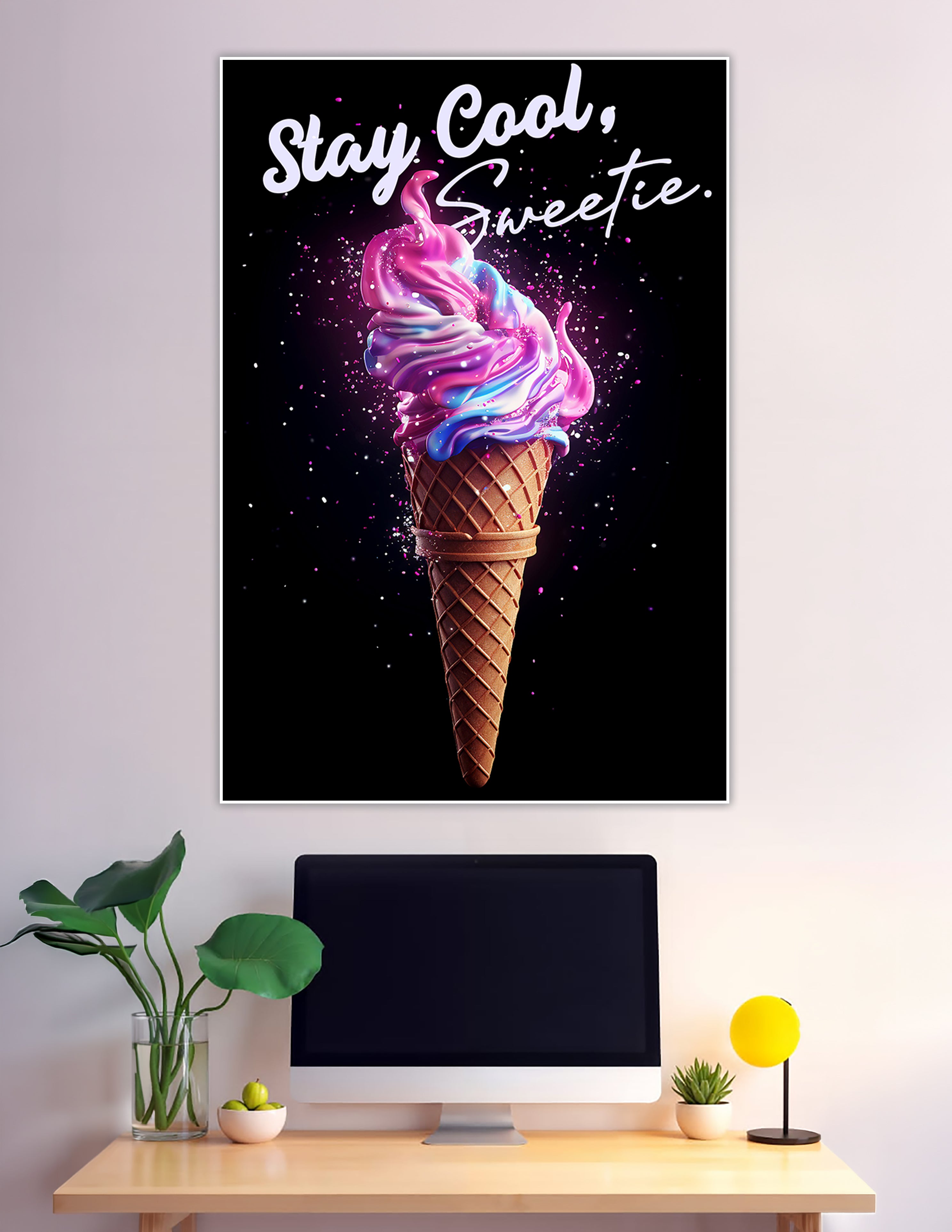 Neon ice cream cone poster with pink, purple and blue swirls on black background with Stay Cool Sweetie script text