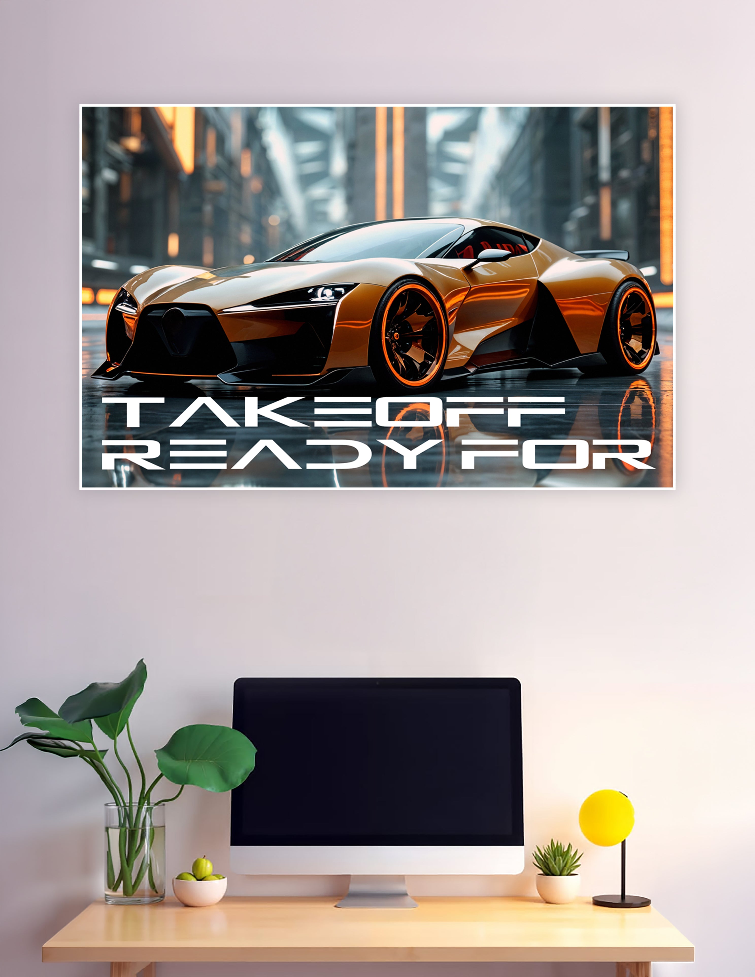 Futuristic orange supercar concept poster with cyberpunk cityscape