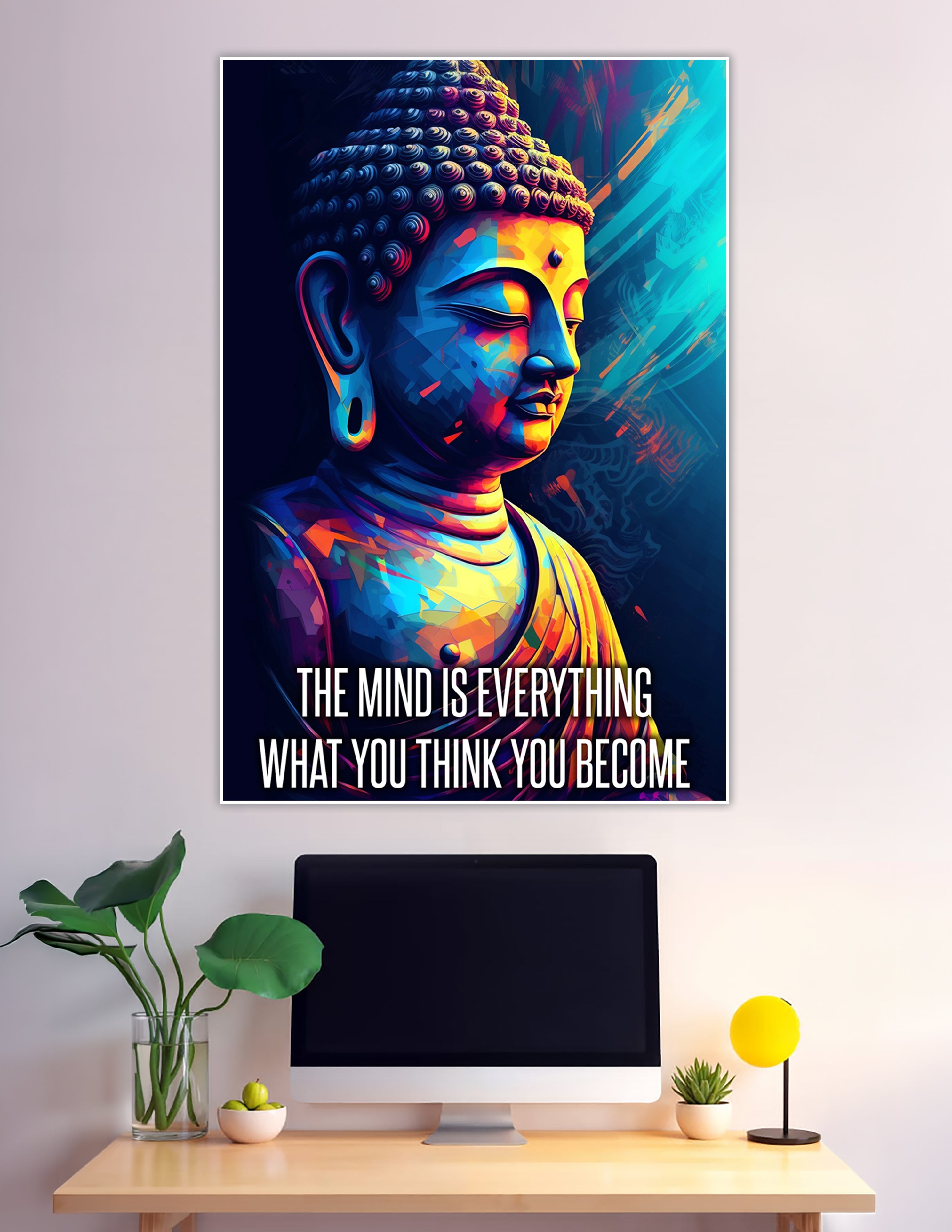 Colorful neon Buddha poster with motivational mindfulness quote