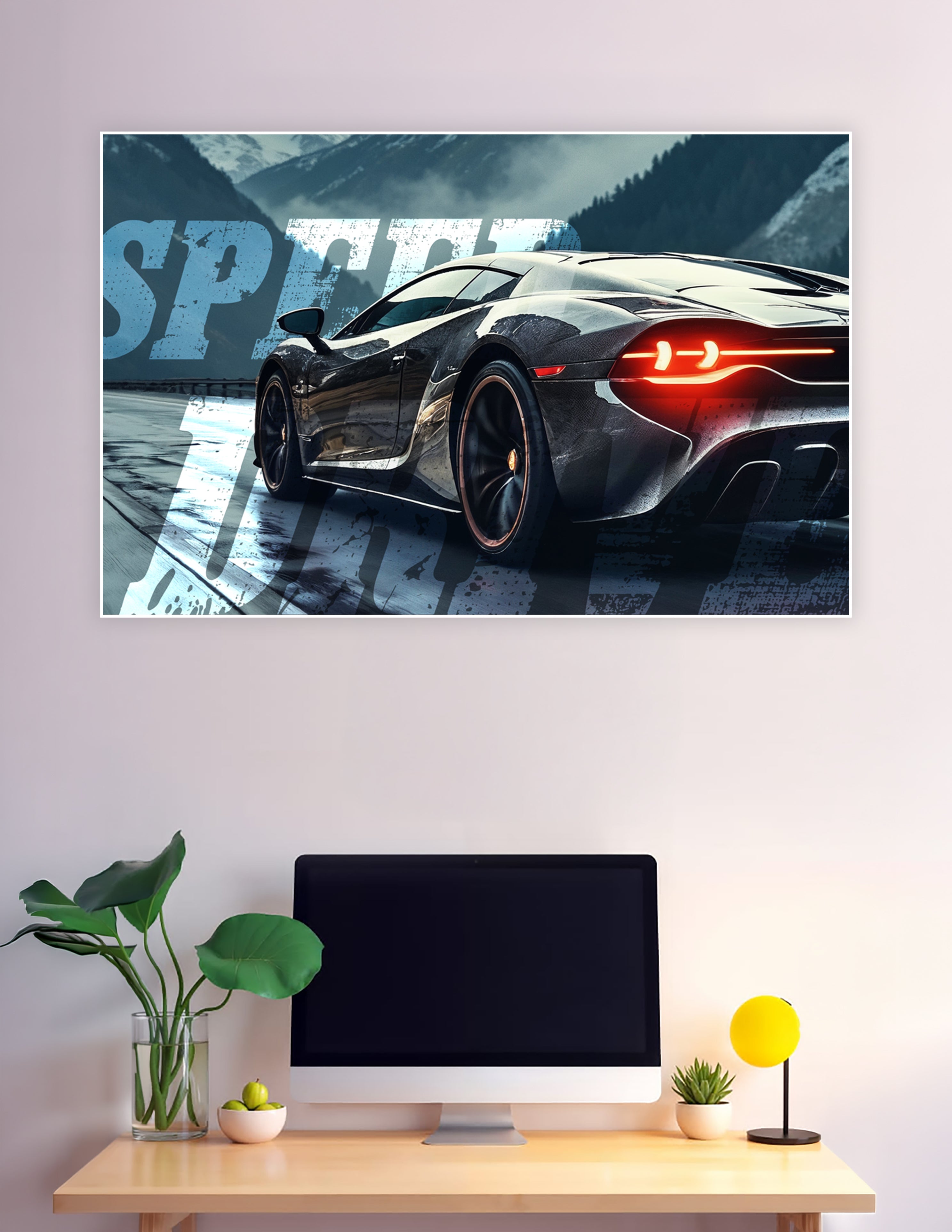 Dark supercar speeding on mountain road with red taillights