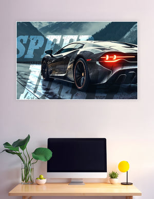 Dark supercar speeding on mountain road with red taillights