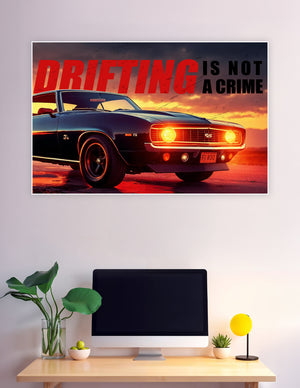 Black Camaro SS drifting poster with fiery sunset background
