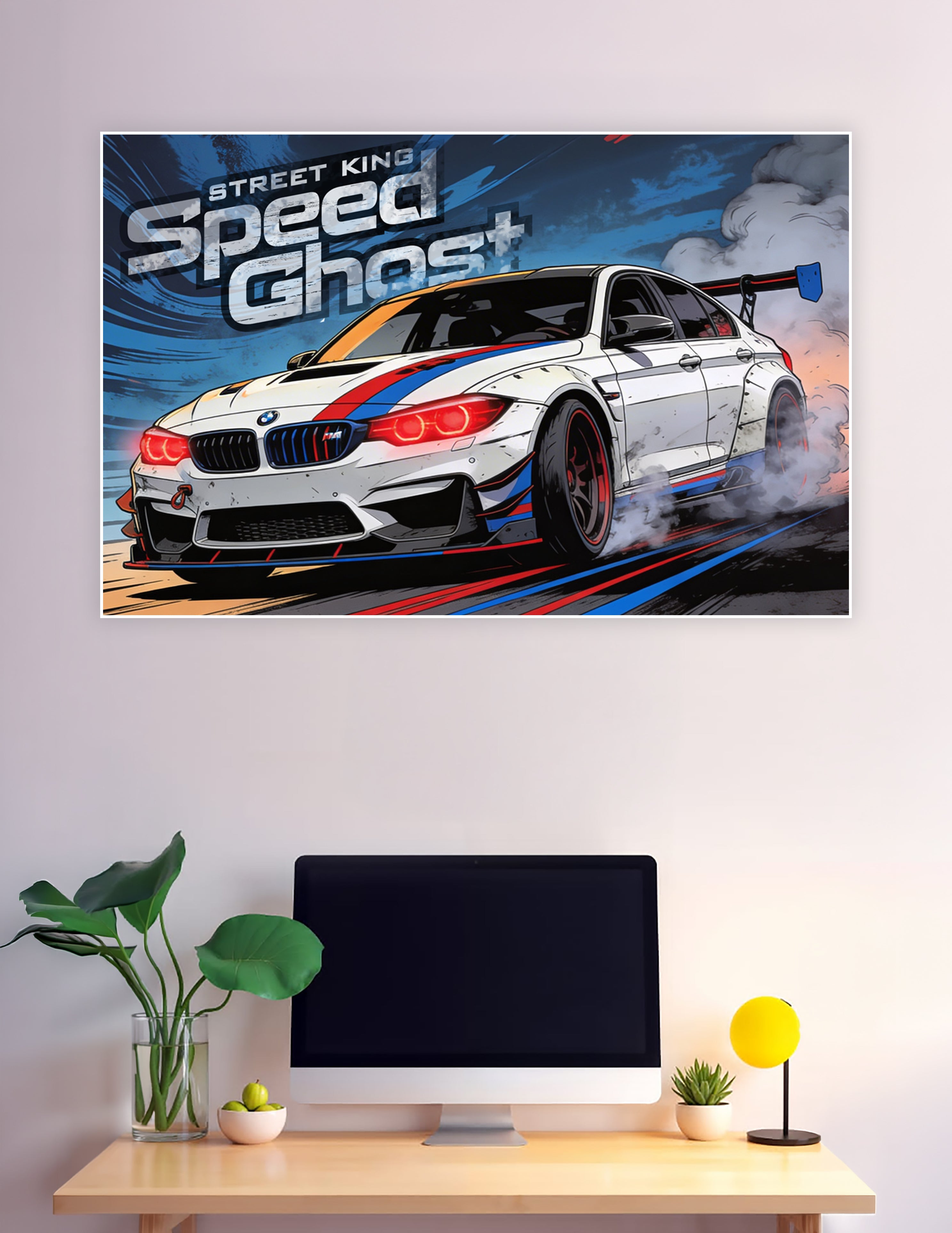 Comic-style BMW M4 drift racing Speed Ghost poster