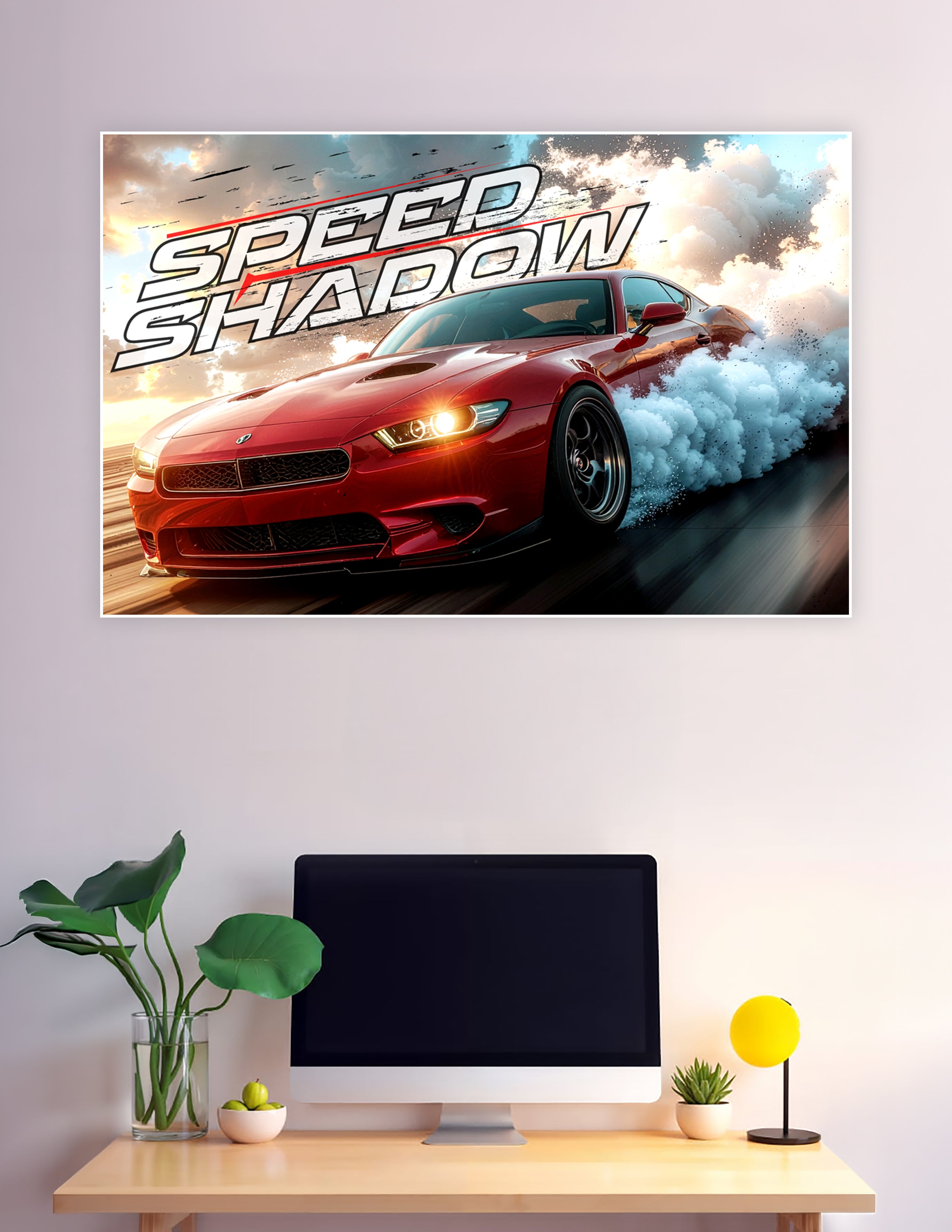Speed Shadow red muscle car drifting through smoke clouds