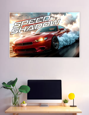 Speed Shadow red muscle car drifting through smoke clouds