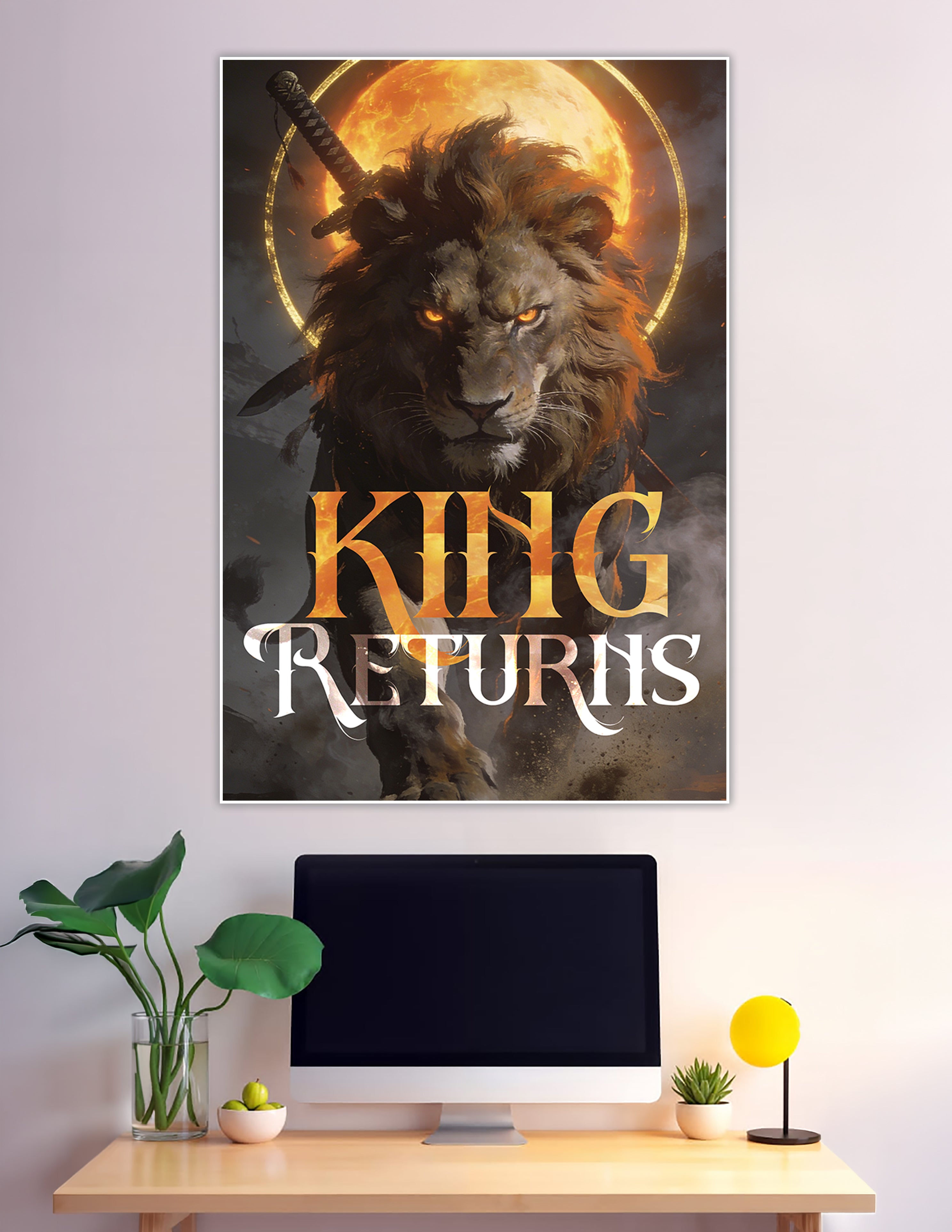 Fierce warrior lion with katana and fiery moon poster