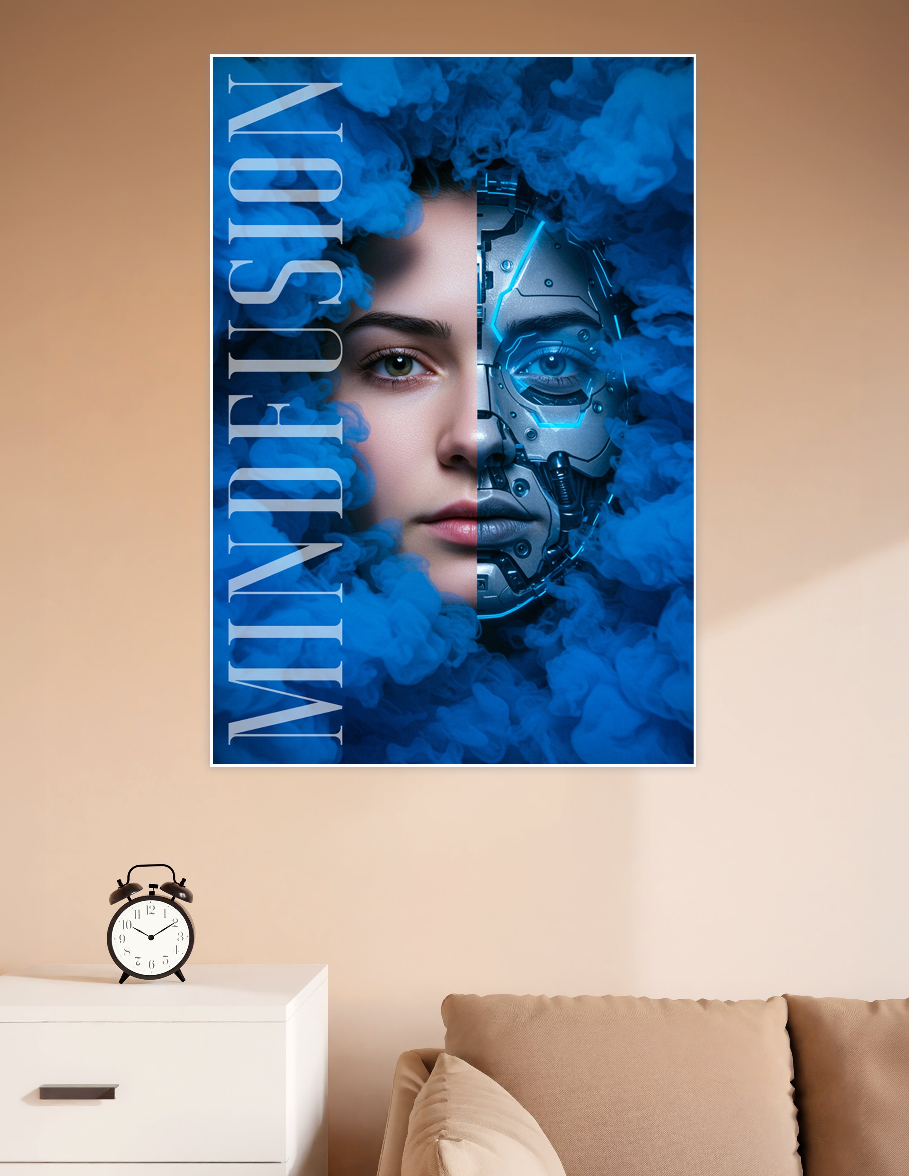 Split-face poster showing half human face and half robotic cybernetic face surrounded by dramatic blue smoke with glowing blue circuit details