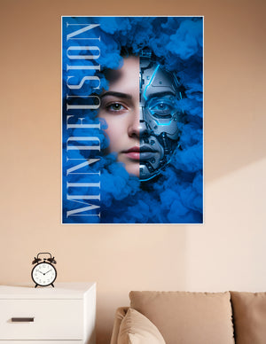 Split-face poster showing half human face and half robotic cybernetic face surrounded by dramatic blue smoke with glowing blue circuit details