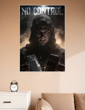 Dark cinematic poster of a hooded figure angrily crushing a smartphone in two with bold 'No Control' text above, surrounded by smoke and dramatic lighting