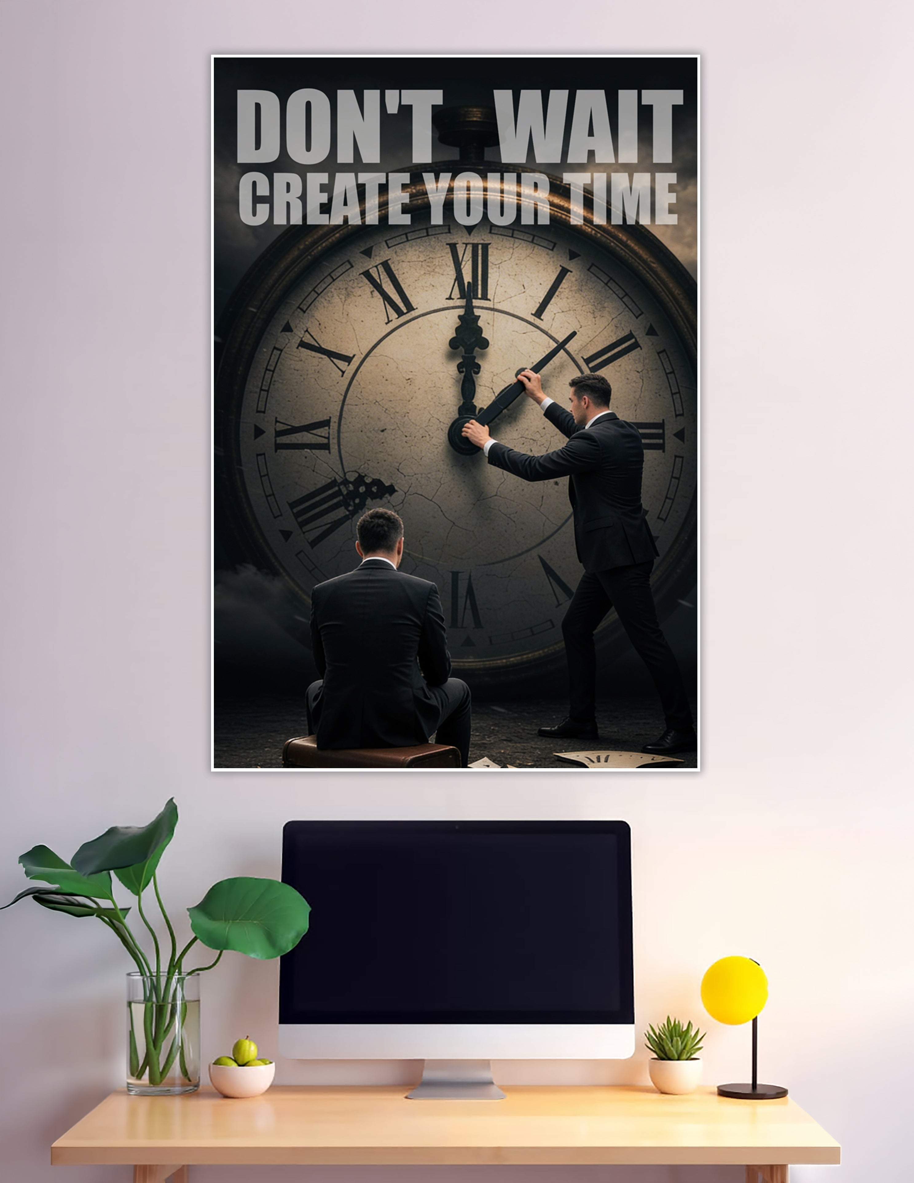 Motivational poster with clock and two suited men