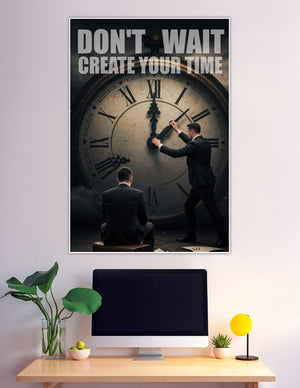 Motivational poster with clock and two suited men