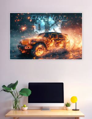 Jeep Wrangler engulfed in orange fire and sparks charging through a snowy storm with 'Fire Mode ON' text overlay