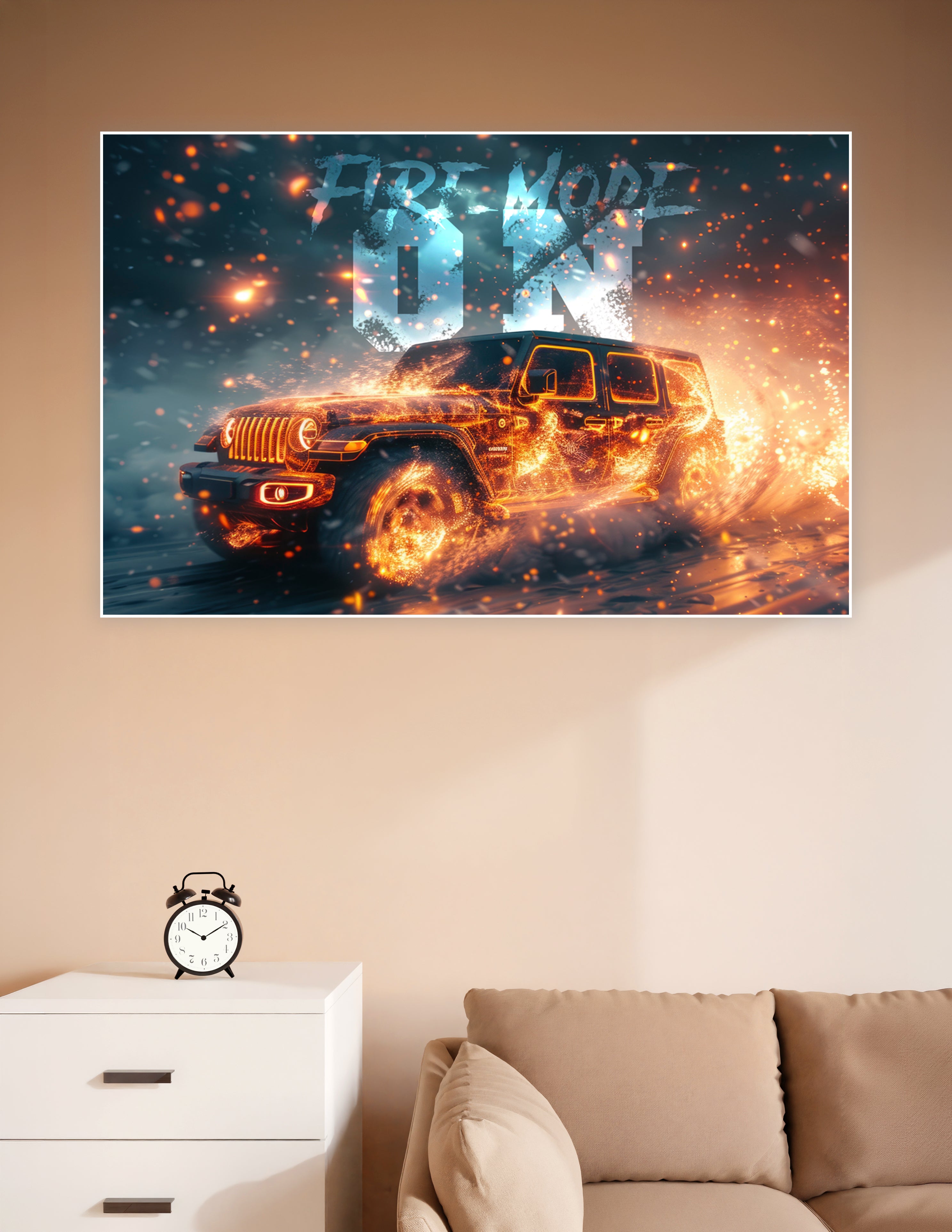 Jeep Wrangler engulfed in orange fire and sparks charging through a snowy storm with 'Fire Mode ON' text overlay