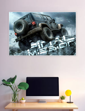 Mud-covered Jeep Wrangler climbing rocks in storm