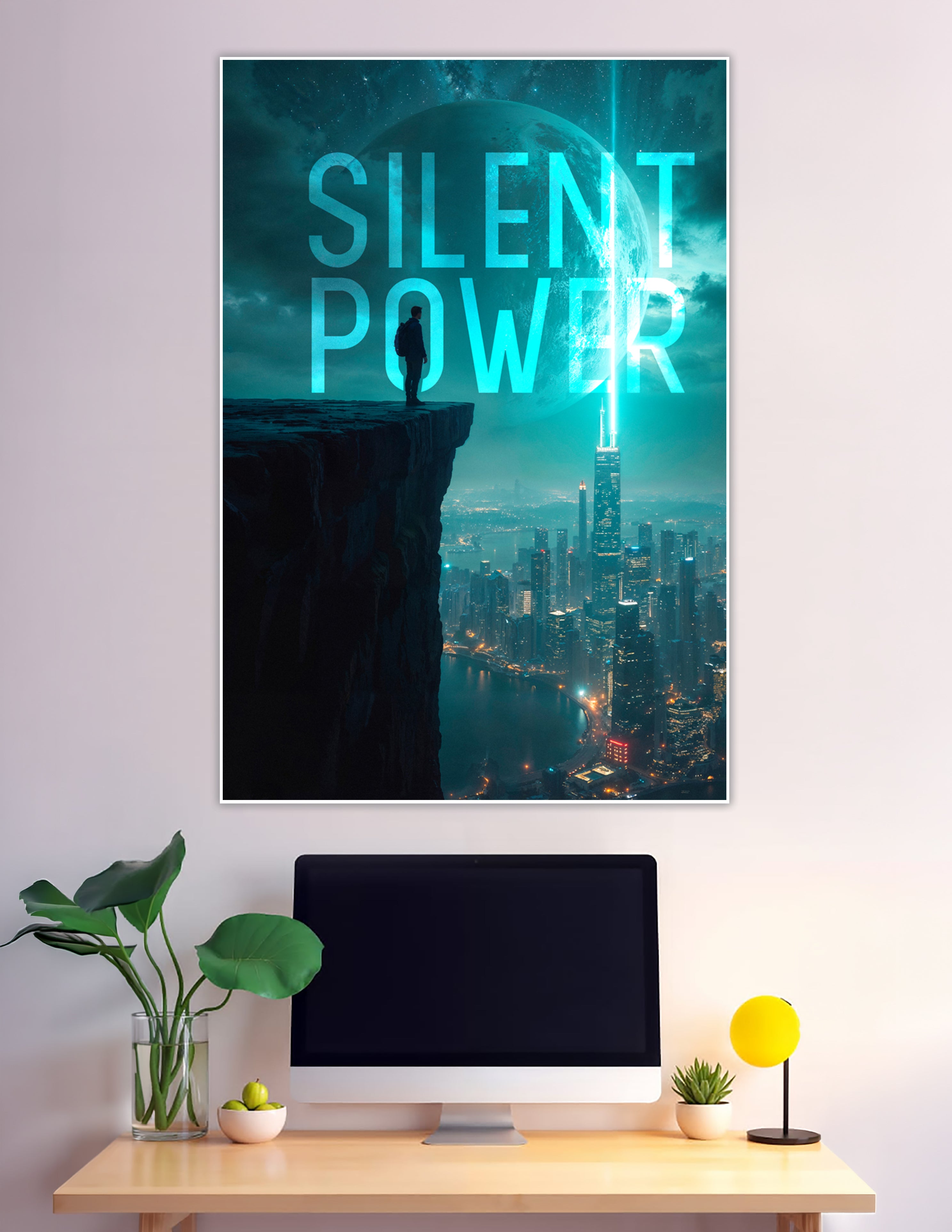 Man on cliff overlooking glowing futuristic cyberpunk city at night