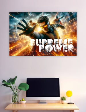 Supreme Power superhero action poster with fiery cityscape