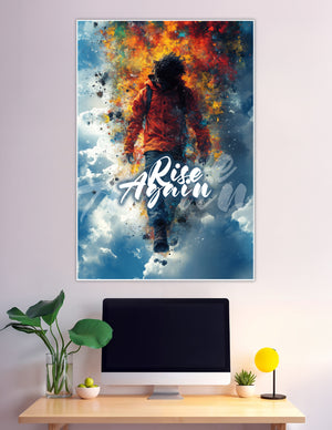 A determined figure in an orange jacket walking forward through an explosive burst of red, orange, yellow, and teal color splashes with 'Rise Again' typography on a blue sky background