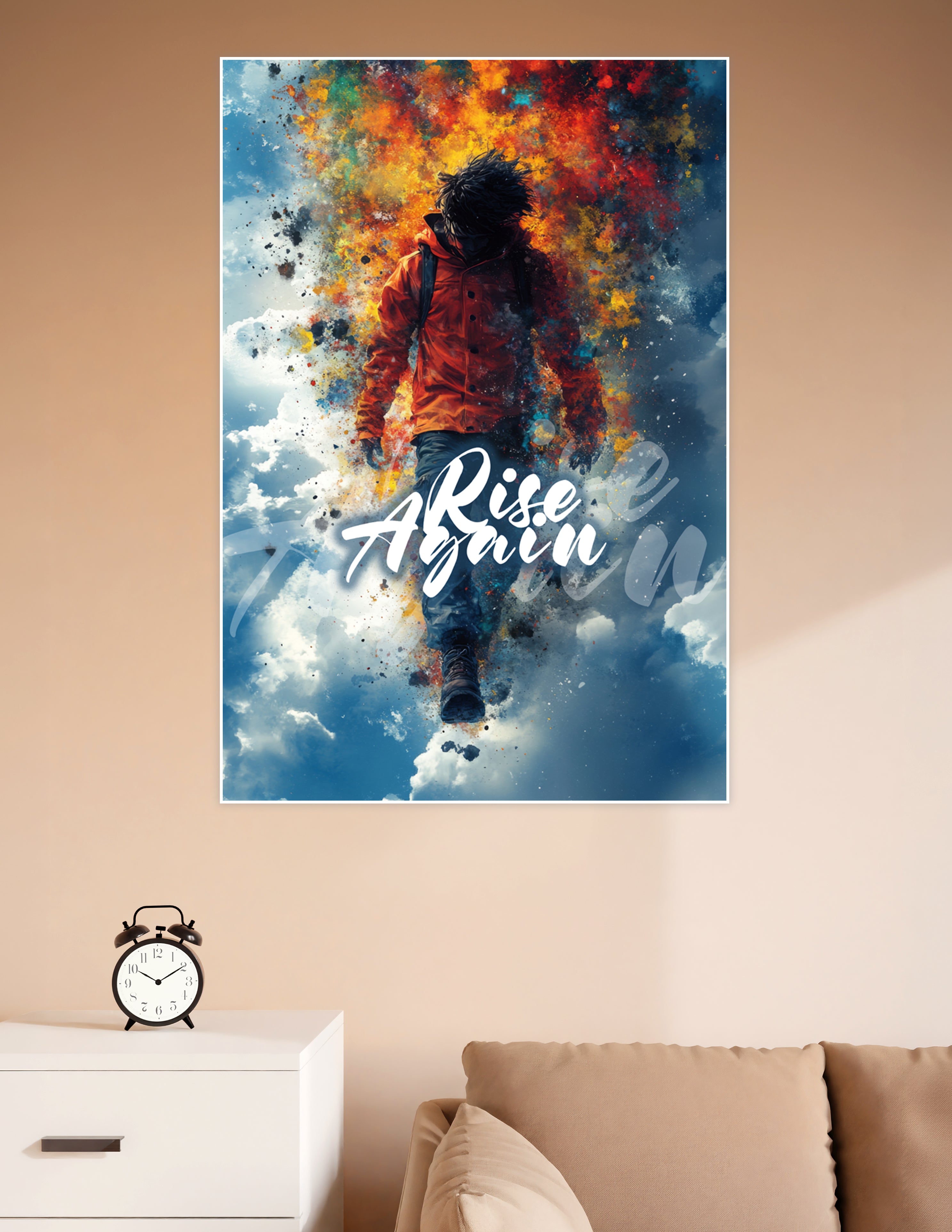 A determined figure in an orange jacket walking forward through an explosive burst of red, orange, yellow, and teal color splashes with 'Rise Again' typography on a blue sky background
