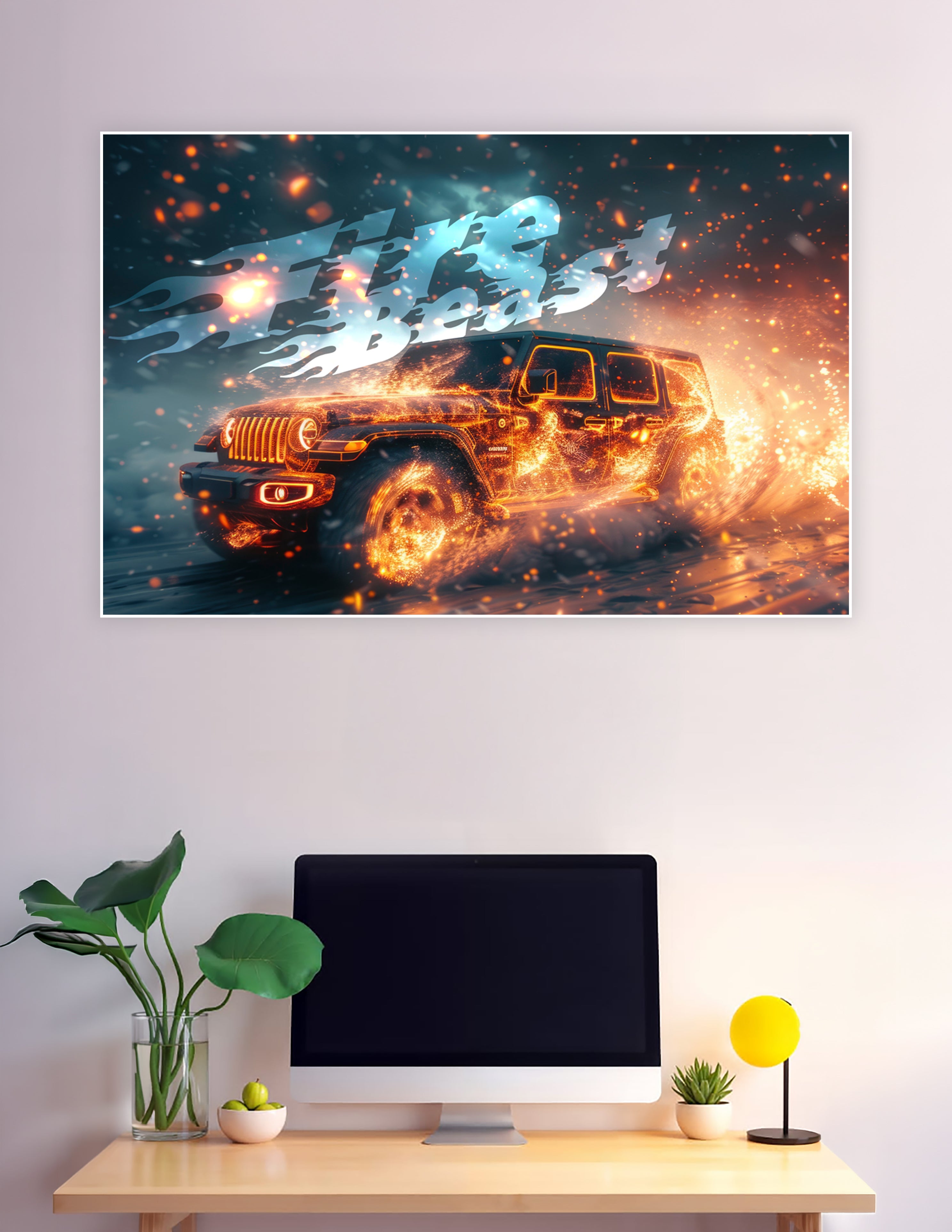 Flaming Jeep Wrangler Fire Beast off-road action poster