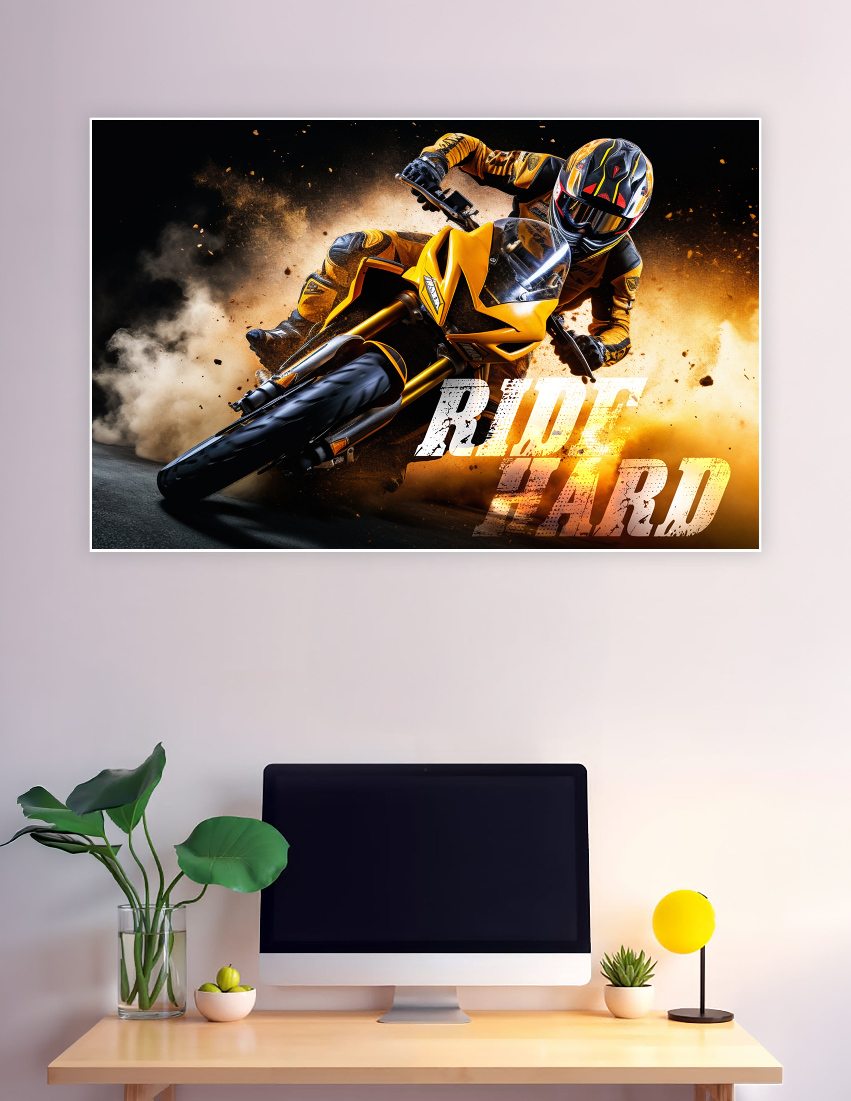 Yellow motorcycle racer cornering hard with fire and debris
