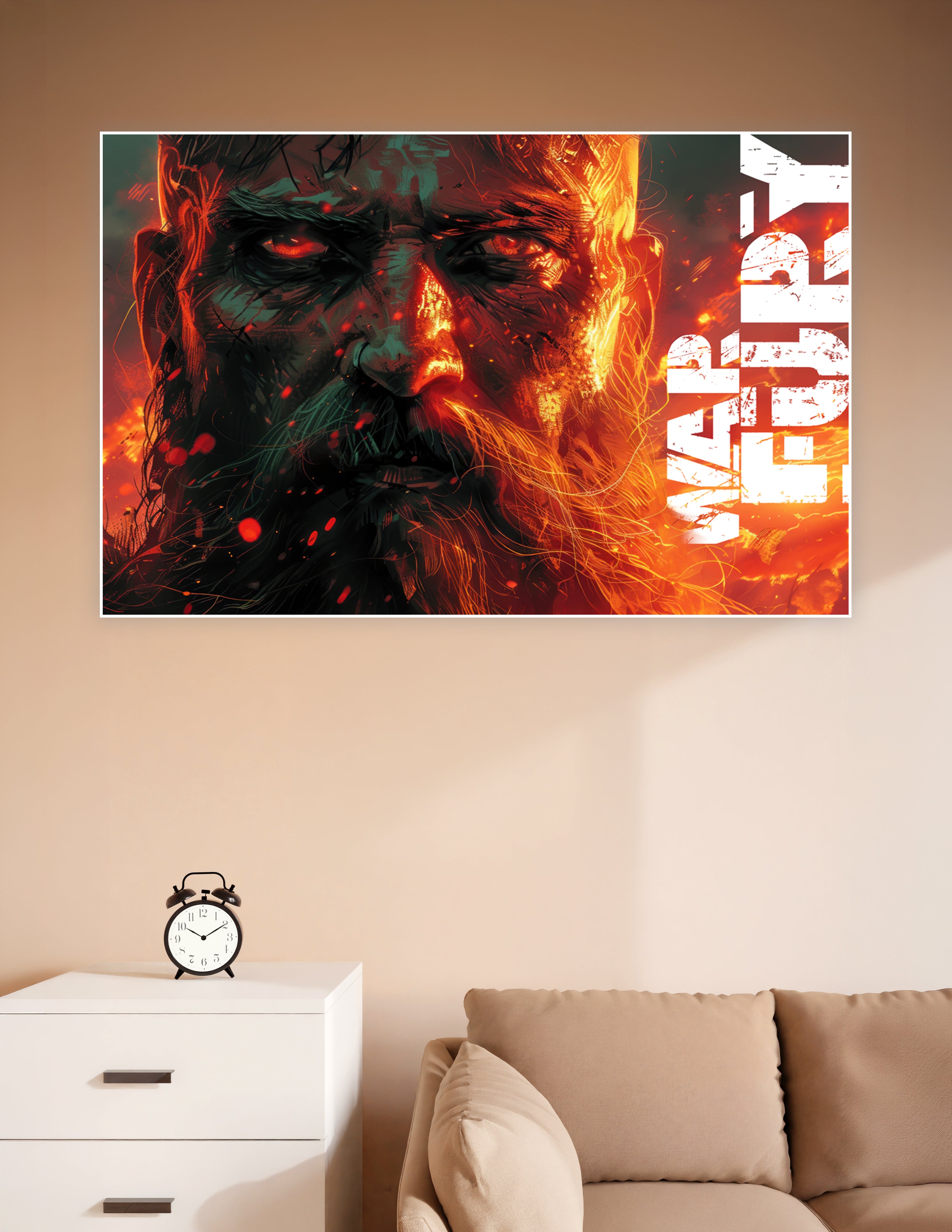 Close-up digital art poster of a fierce Viking warrior with glowing red eyes surrounded by fire and flames in dramatic orange and shadow tones