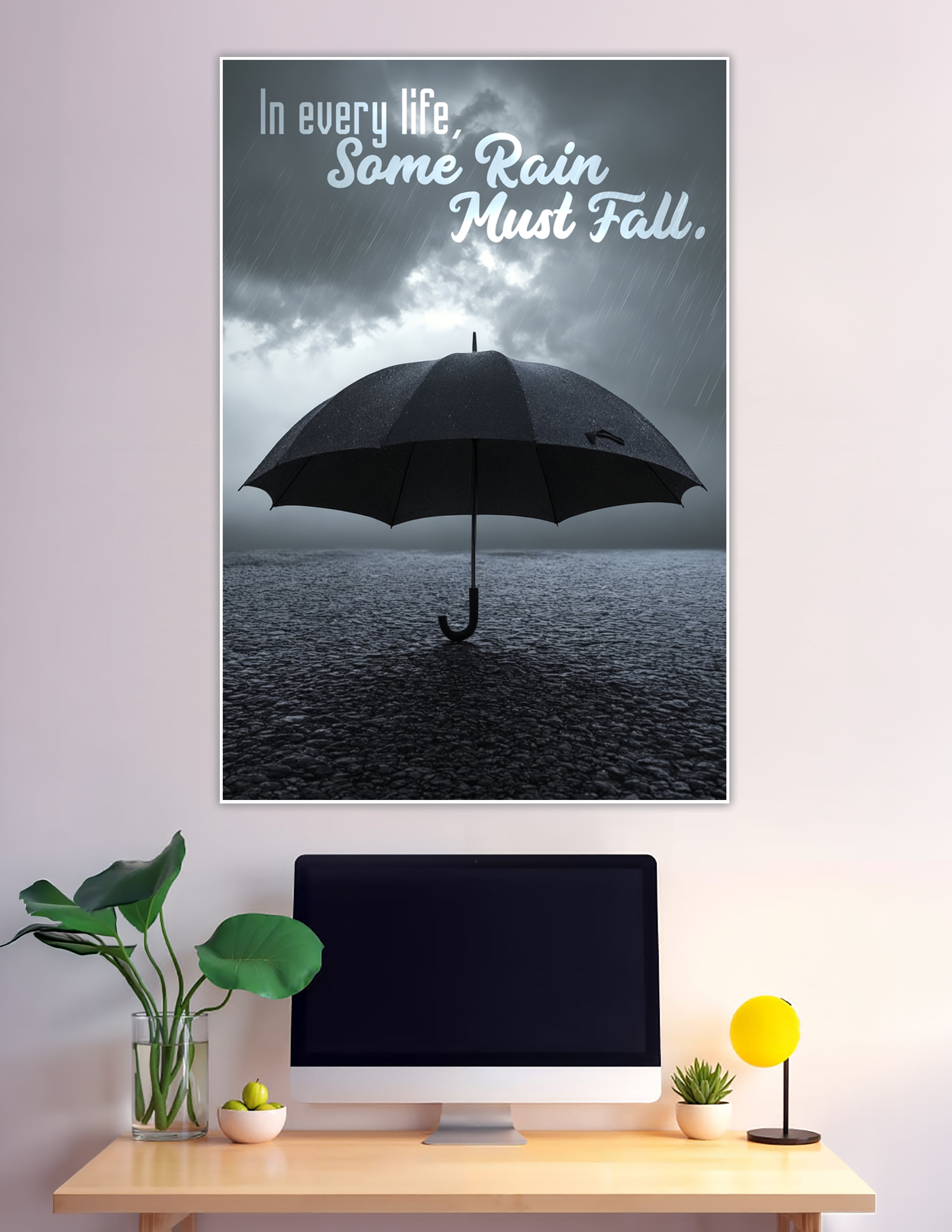 Black umbrella in rain with inspirational quote poster