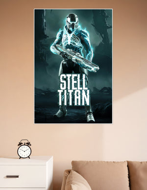 Stell Titan armored sci-fi warrior glowing with cyan electric energy holding a futuristic rifle on a dark apocalyptic background