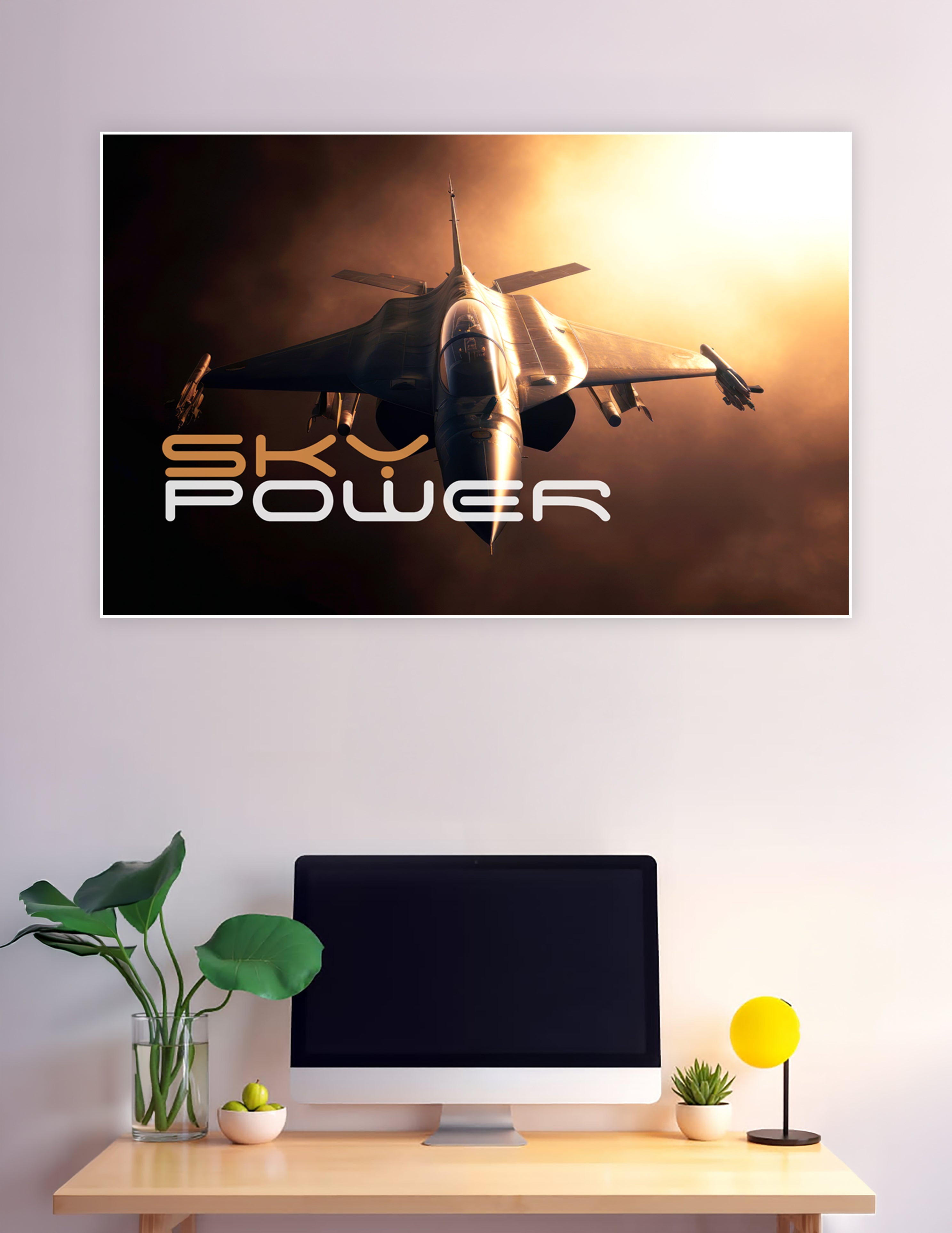 Fighter jet soaring through golden storm clouds Sky Power