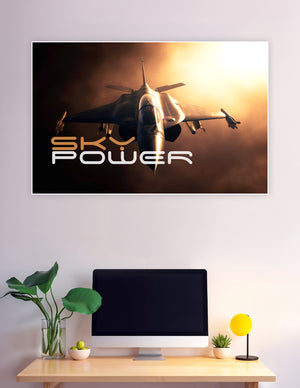 Fighter jet soaring through golden storm clouds Sky Power