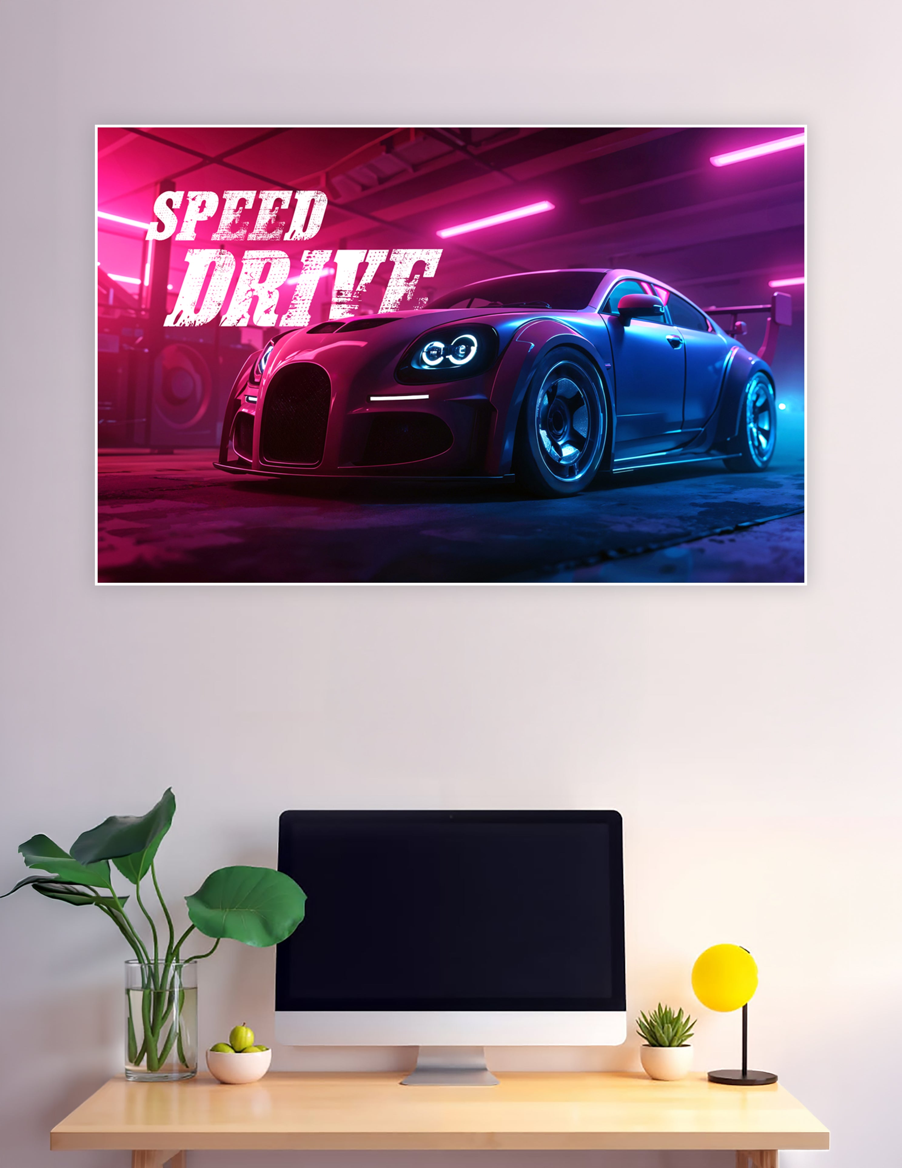 Speed Drive neon racing car poster featuring a custom sports car illuminated by pink and blue neon lights in a dark garage