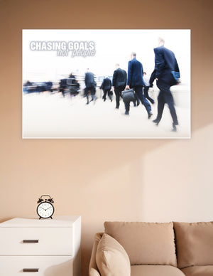 Businessmen walking fast with chasing goals not people text