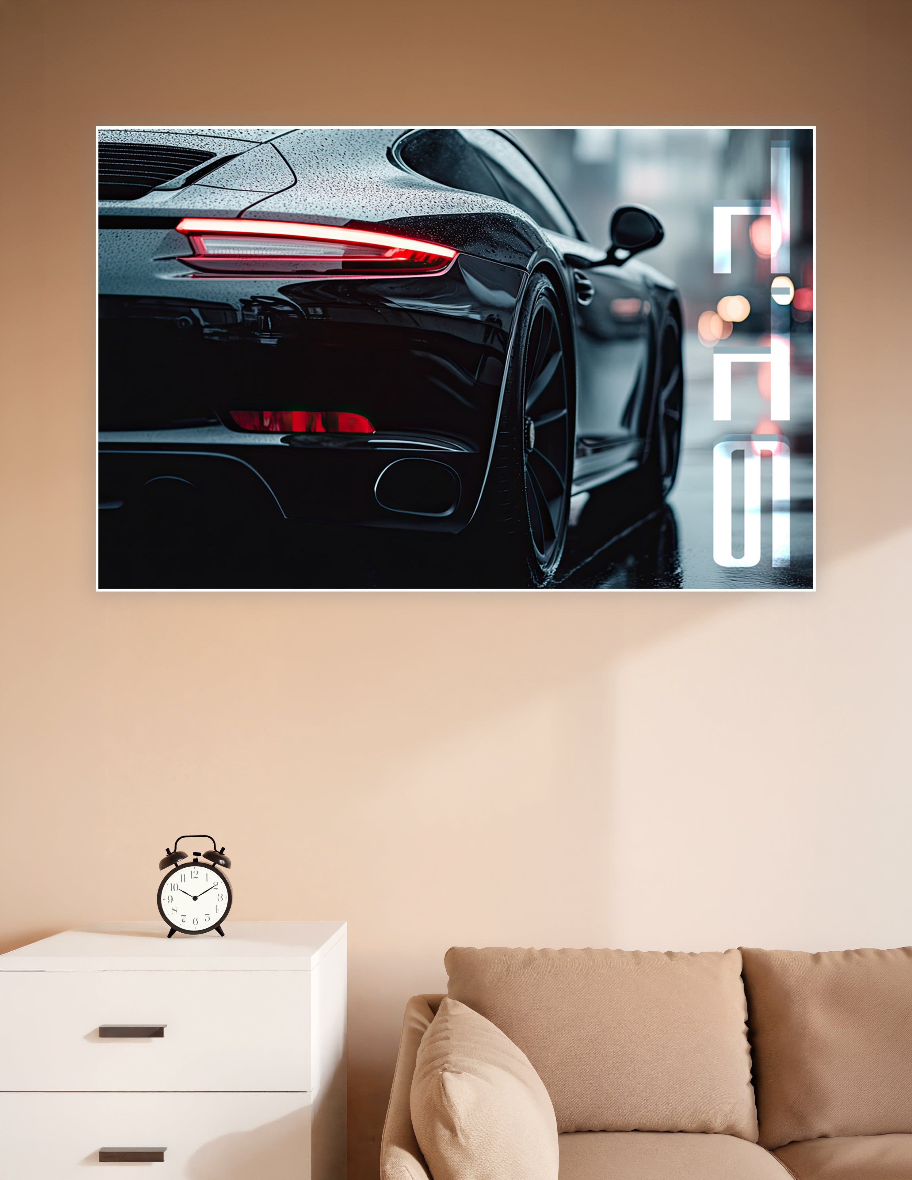 Close-up rear view of a black Porsche 911 with glowing red tail lights glistening in the rain at night, printed as a premium matte wall poster
