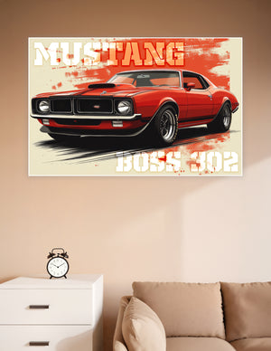 Retro-style Ford Mustang Boss 302 muscle car poster in bold red with grunge typography on matte board
