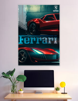 Dual-view Ferrari red supercar poster with cinematic teal lighting and Ferrari prancing horse logo on dark background