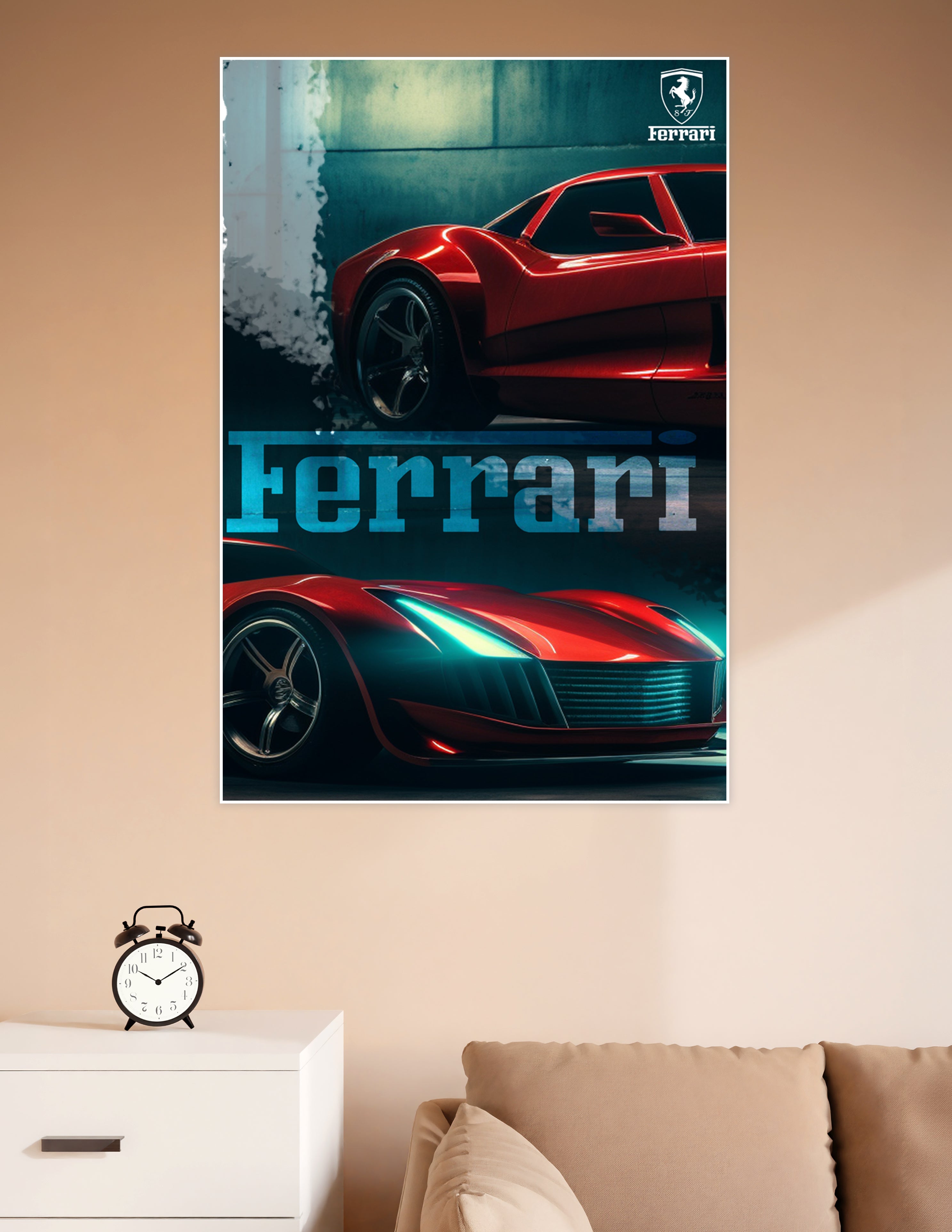 Dual-view Ferrari red supercar poster with cinematic teal lighting and Ferrari prancing horse logo on dark background