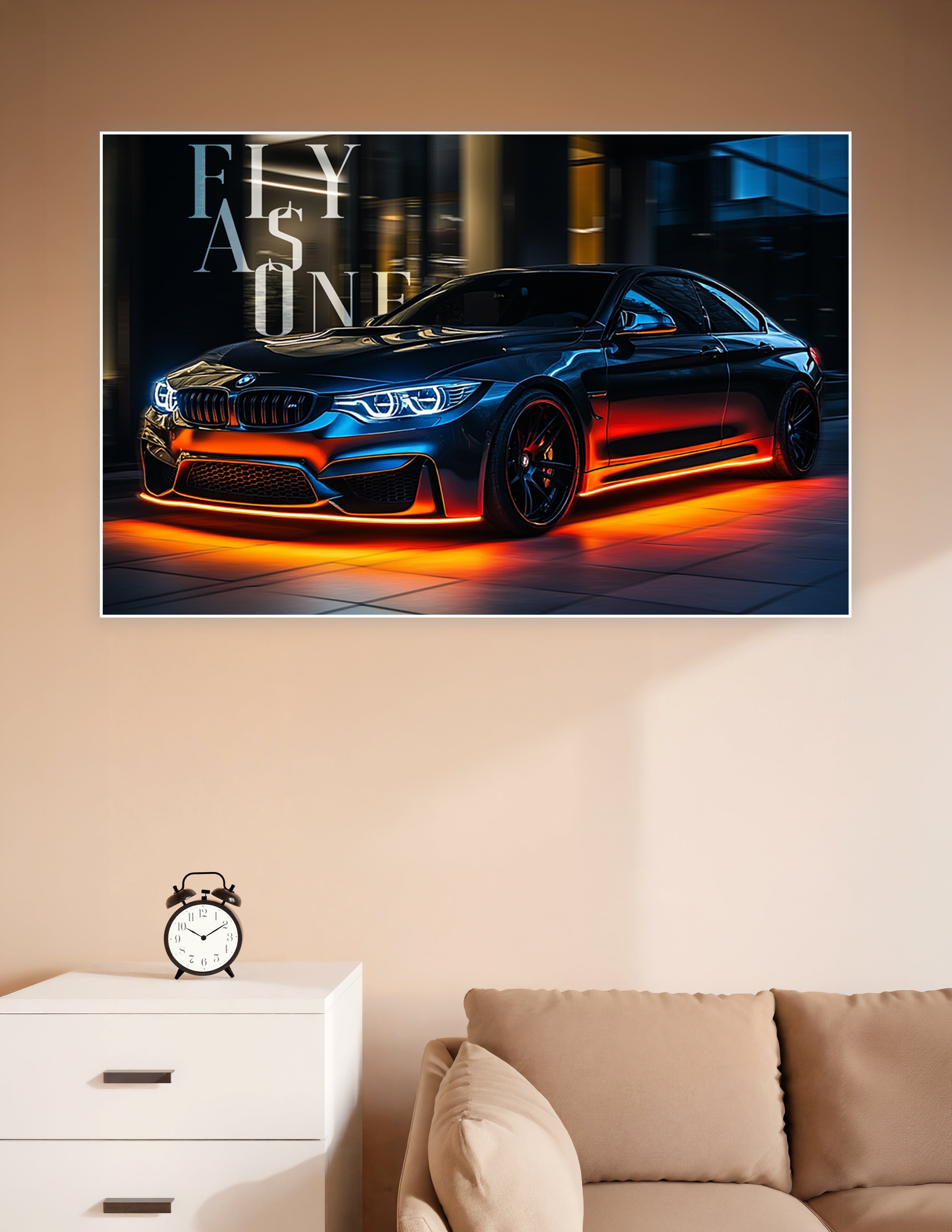 Black BMW M4 with orange neon underglow lighting and 'Fly As One' typography on a dark urban night background poster print