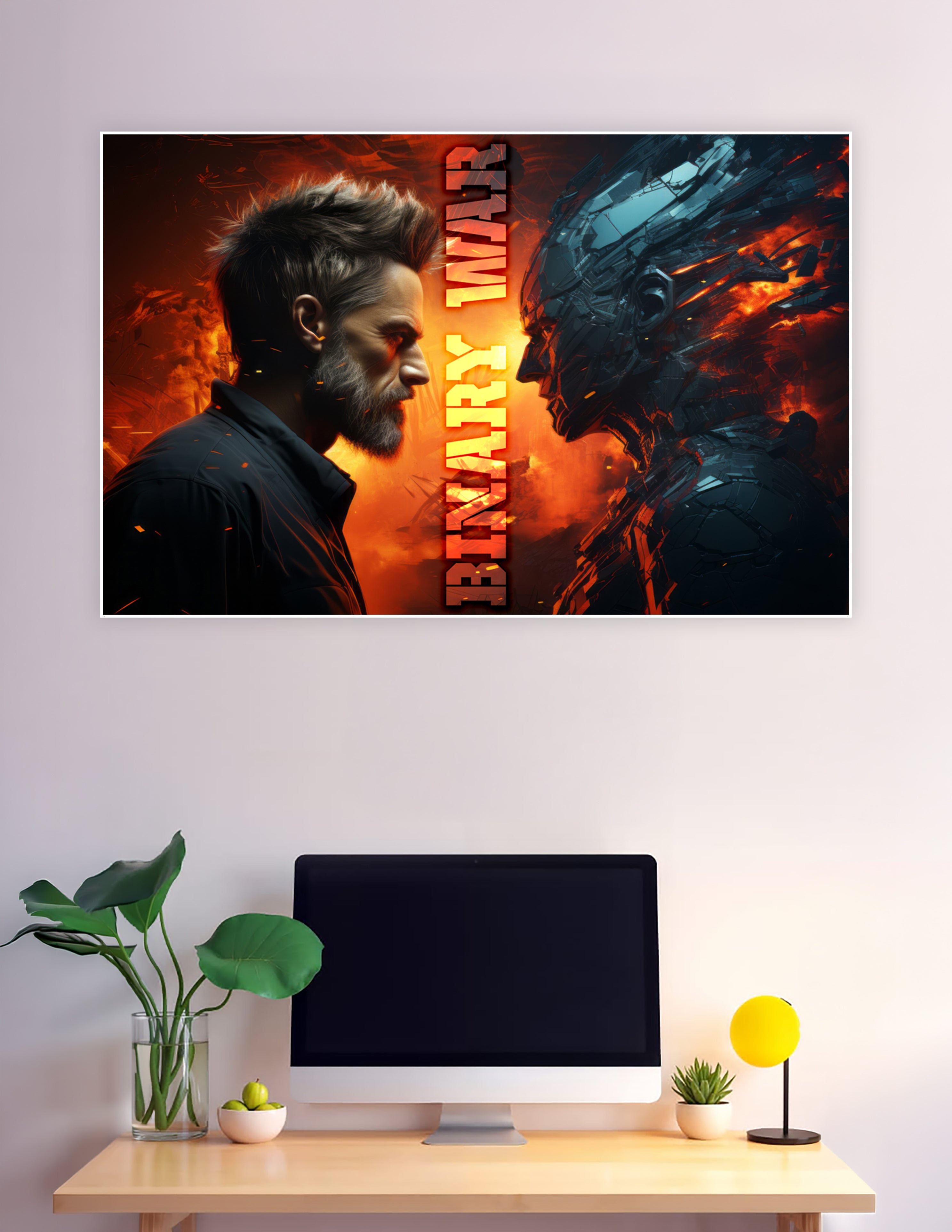 Binary War poster showing a bearded man facing a dark robotic figure against a fiery orange apocalyptic background with bold vertical title text