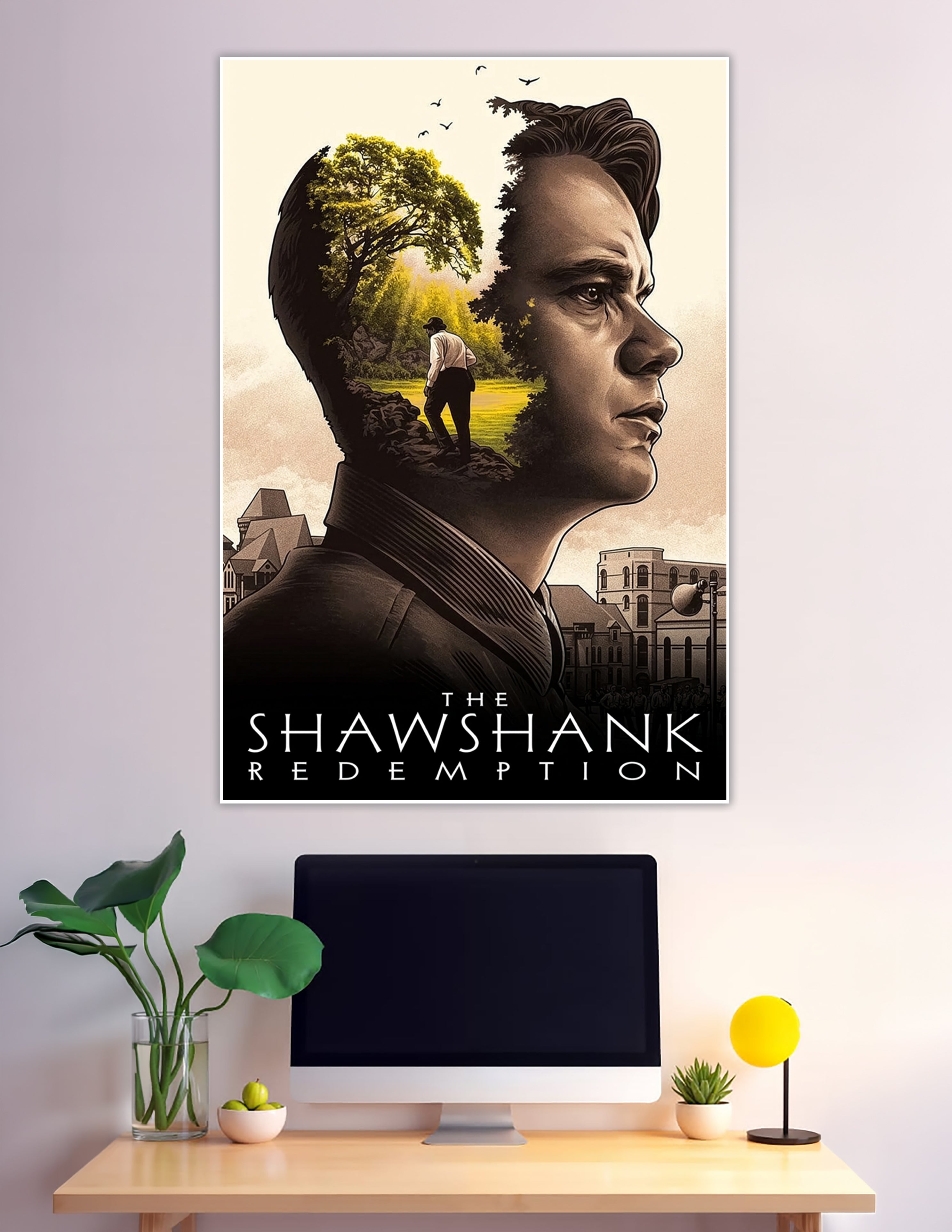 The Shawshank Redemption double-exposure illustrated movie poster featuring a man's silhouette with a glowing forest scene and prison buildings in sepia tones