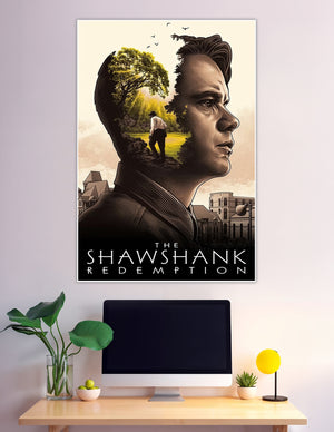 The Shawshank Redemption double-exposure illustrated movie poster featuring a man's silhouette with a glowing forest scene and prison buildings in sepia tones