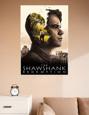 The Shawshank Redemption double-exposure illustrated movie poster featuring a man's silhouette with a glowing forest scene and prison buildings in sepia tones