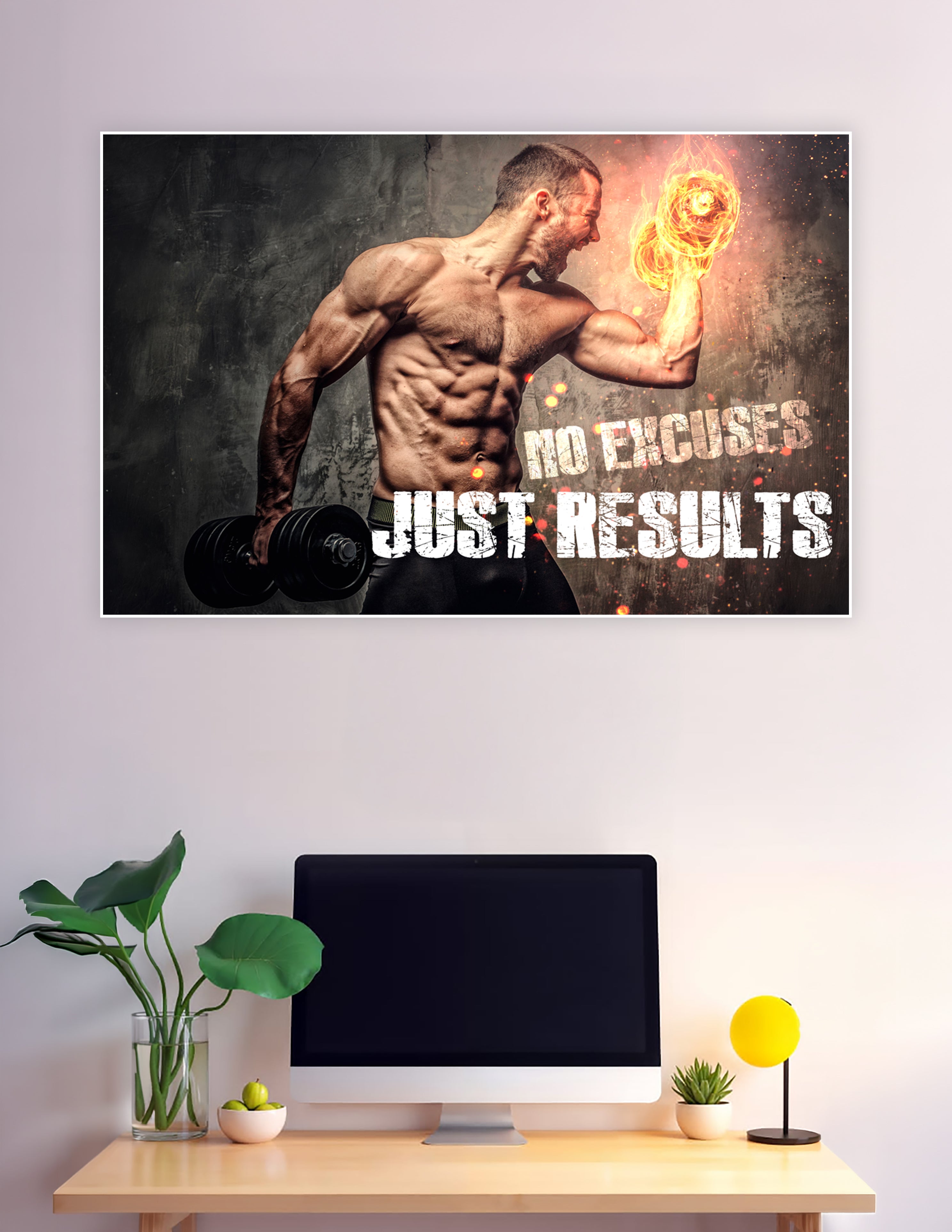 Muscular man with flaming dumbbell gym motivation poster