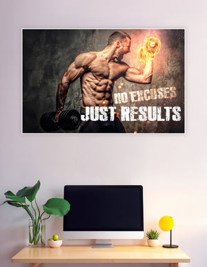 Muscular man with flaming dumbbell gym motivation poster