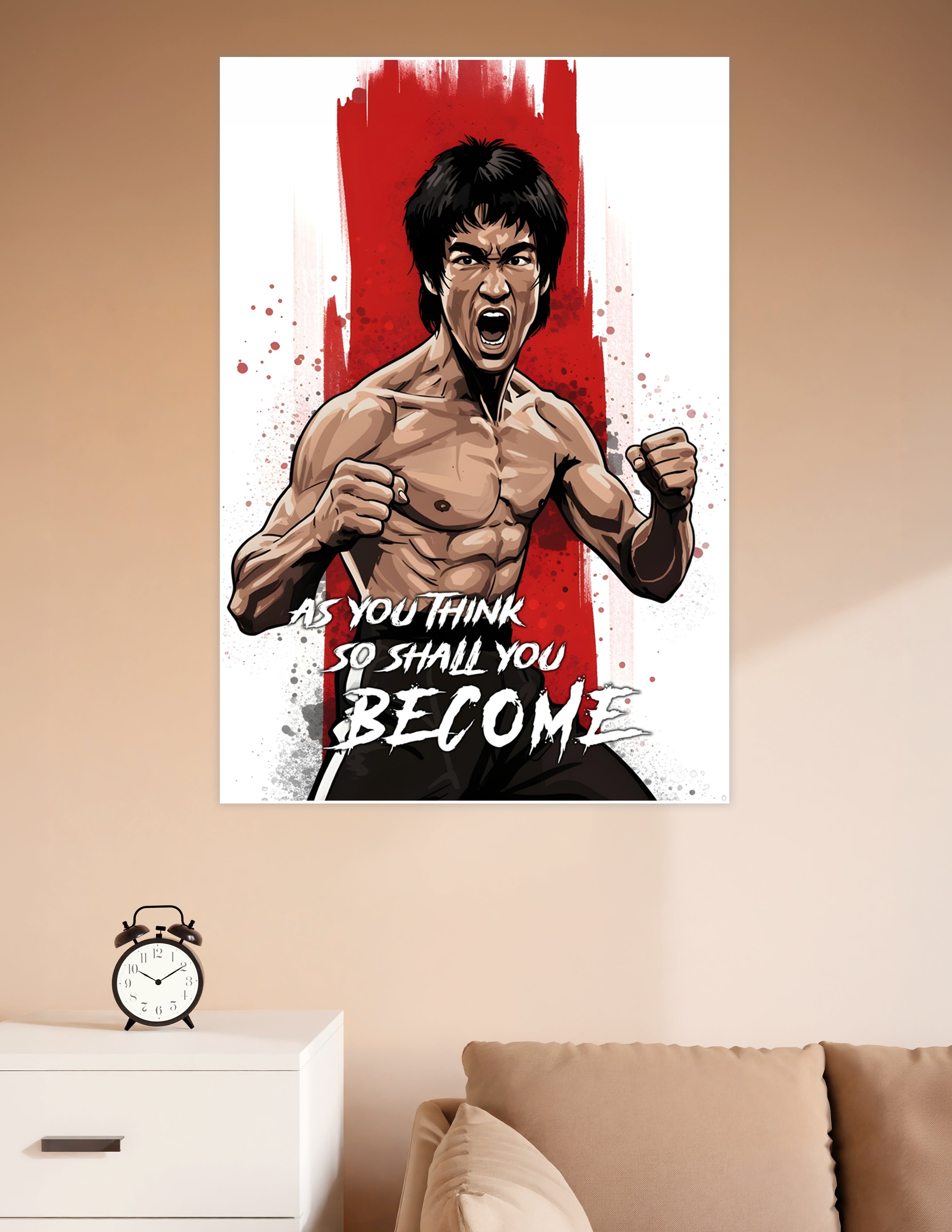 Illustrated Bruce Lee martial arts poster with red brushstroke background and motivational quote 'As You Think So Shall You Become' in bold white typography
