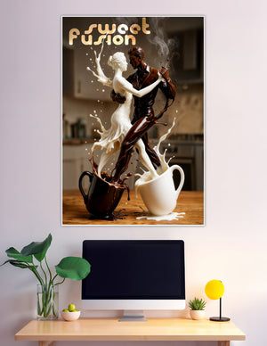 Surreal liquid art poster showing a dancing couple formed from swirling dark coffee and white milk rising from two cups, titled Sweet Fusion