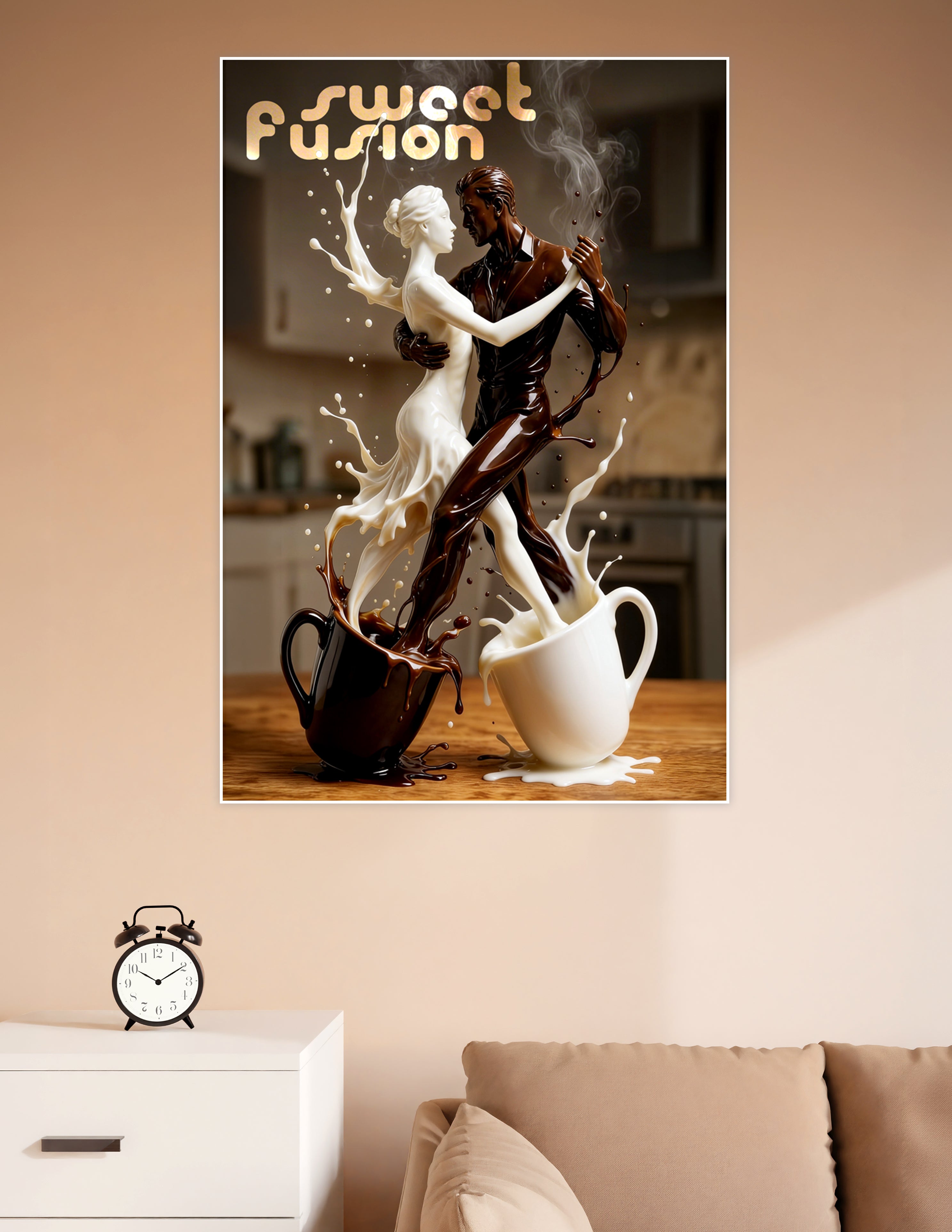 Surreal liquid art poster showing a dancing couple formed from swirling dark coffee and white milk rising from two cups, titled Sweet Fusion
