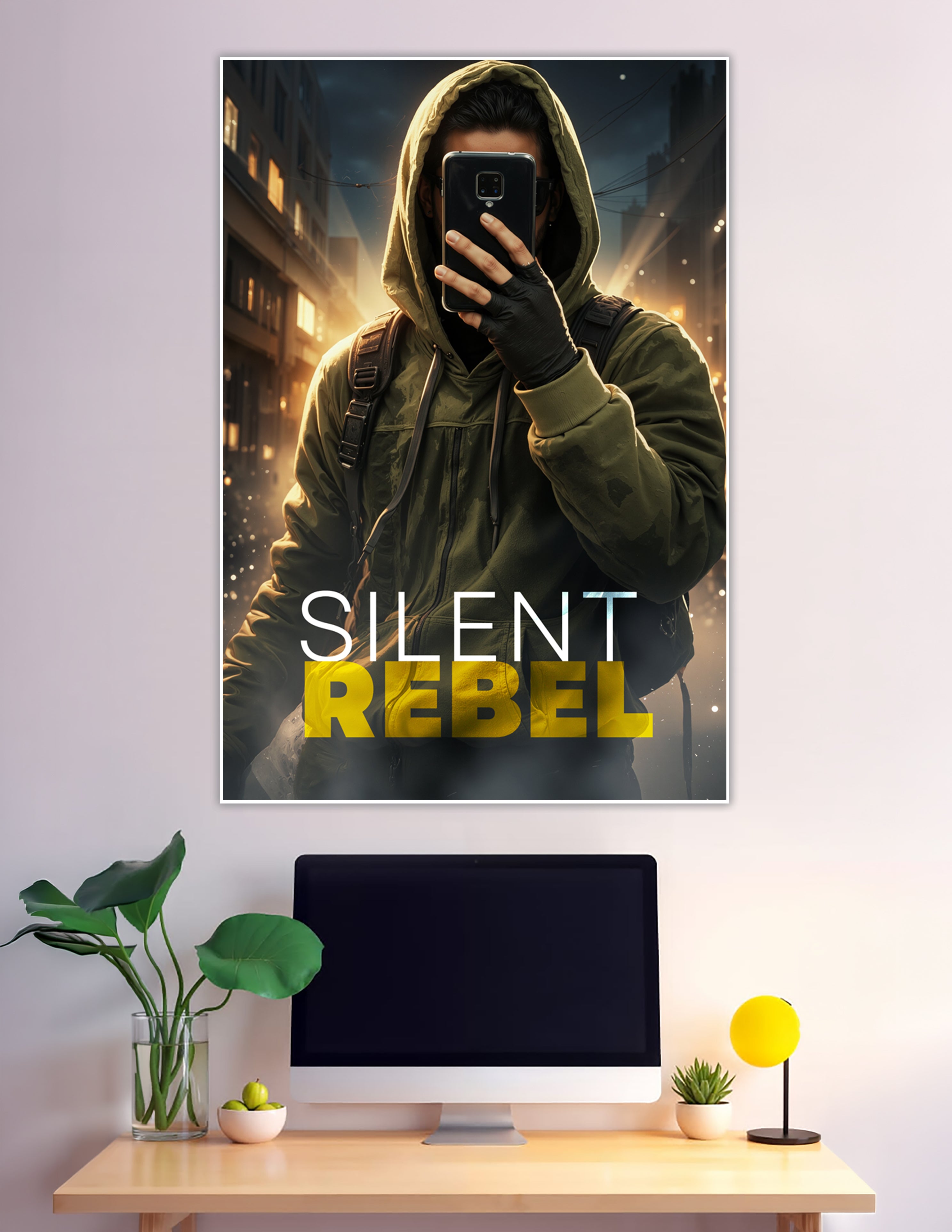 Hooded figure holding a phone against a dramatic glowing city night backdrop with the text Silent Rebel on a premium matte wall poster