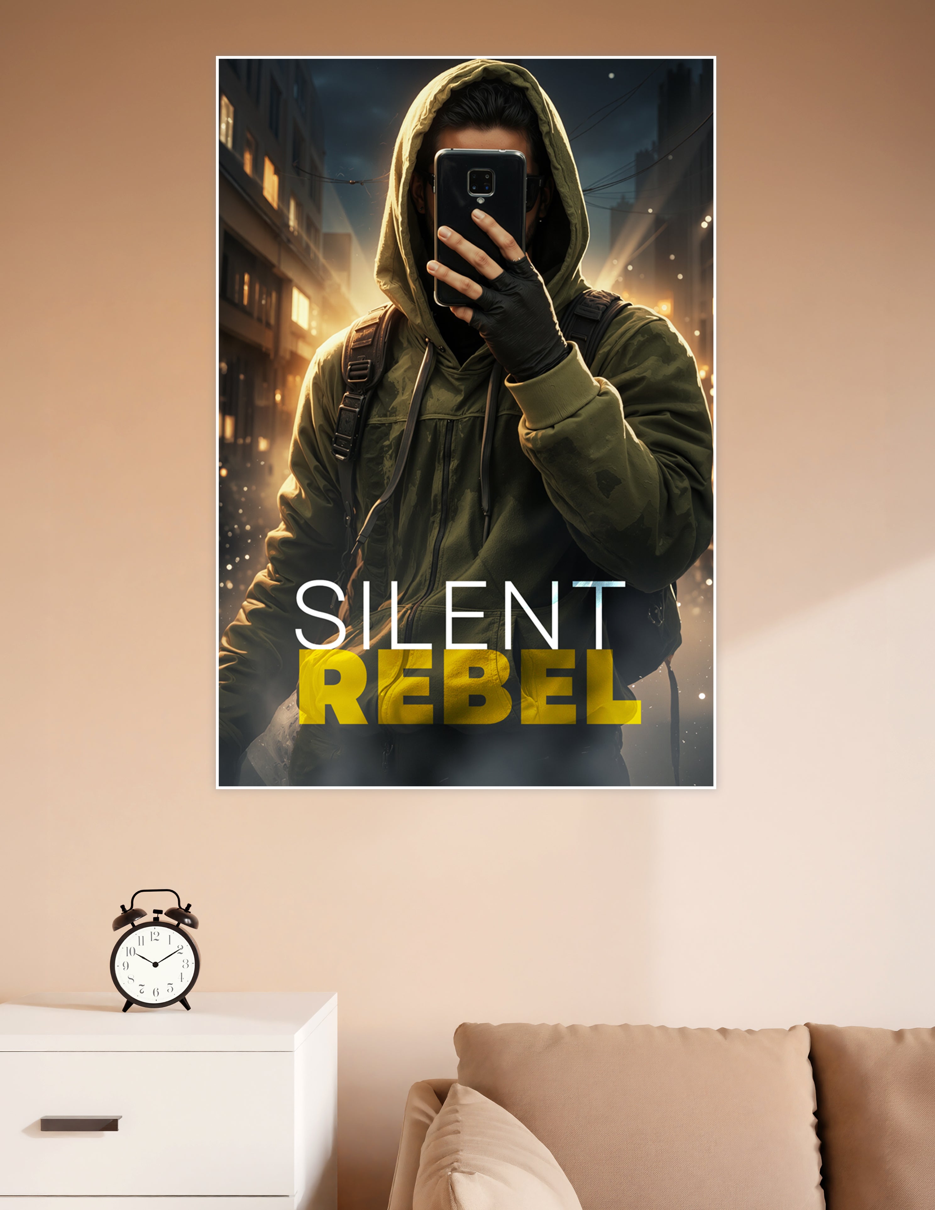 Hooded figure holding a phone against a dramatic glowing city night backdrop with the text Silent Rebel on a premium matte wall poster